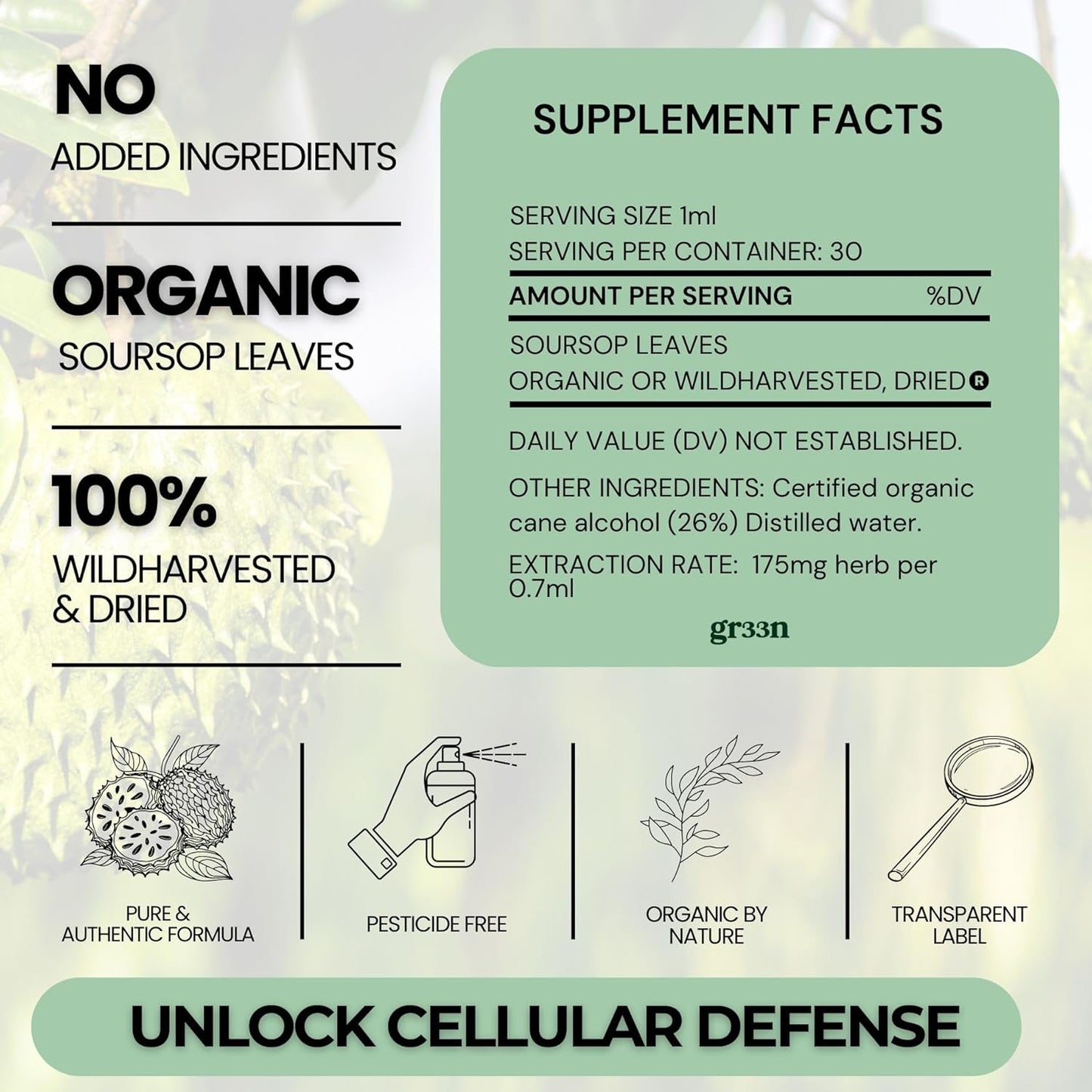 Organically Sourced Gr33n Soursop Leaf Extract - Bitter Soursop Supplement