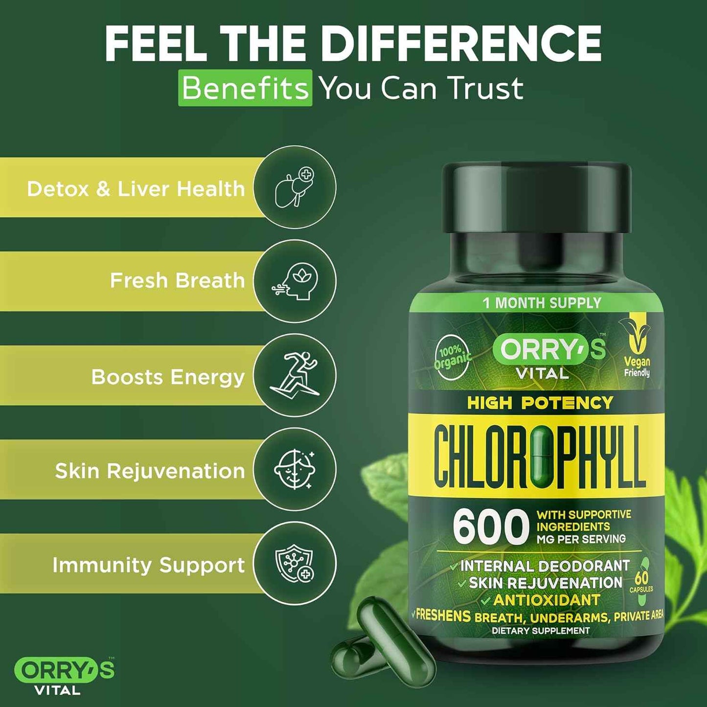 Orry's Vital Chlorophyll Capsules 600 mg - Natural Internal Deodorant to Detox Body Odor, Armpits & Private Parts - Body-Deodorizing Supplement: Supports Immunity and Digestion - 60 Chlorophyll Pills