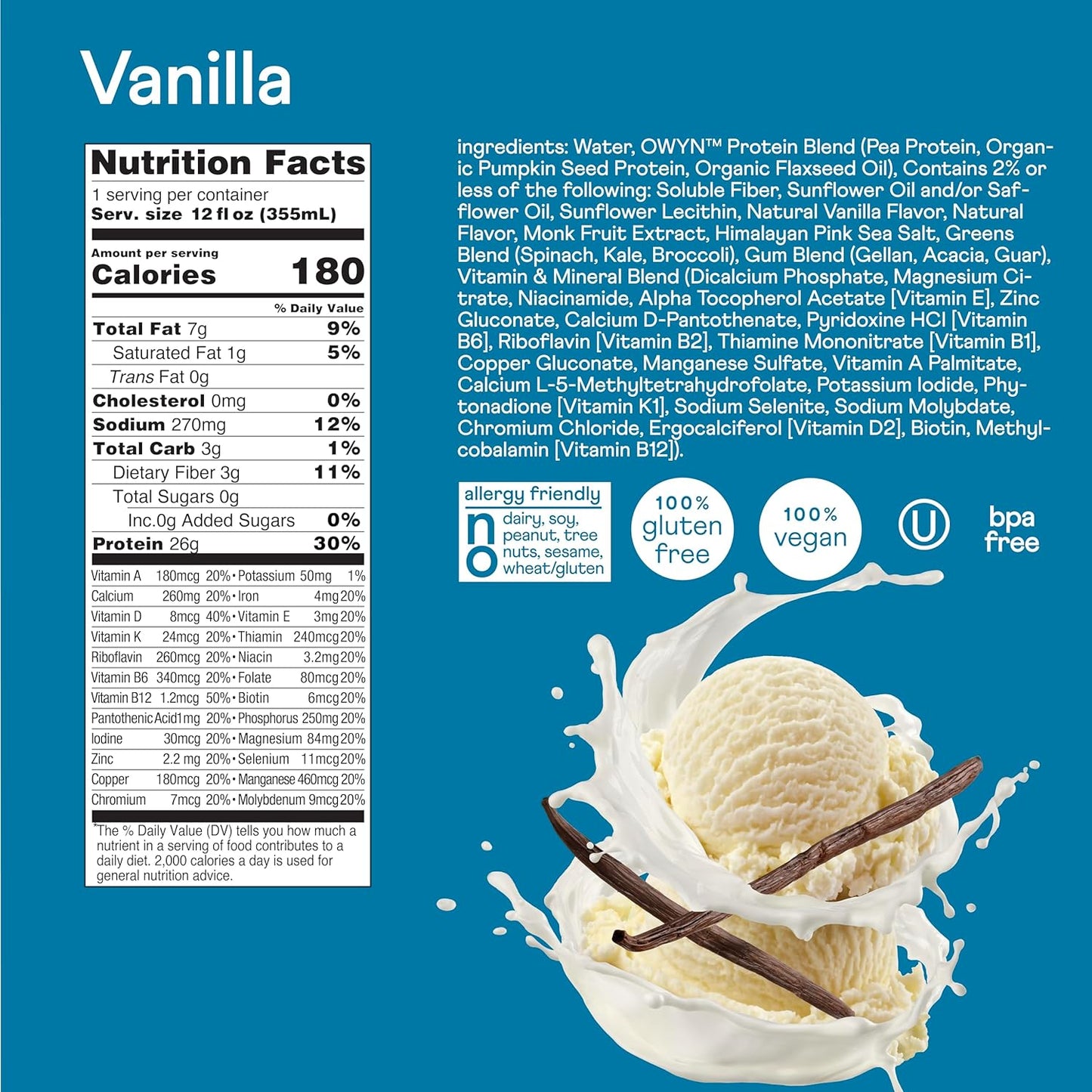 OWYN High Protein Plant Based Nutrition Shake, Vanilla Flavor, 12 Fl Oz (24 Pack) - Complete & Balanced