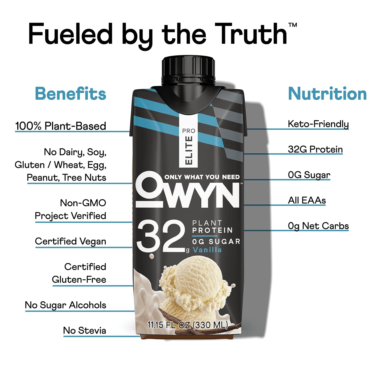 OWYN Pro Elite Vegan Plant-Based High Protein Shake, Vanilla - 24 Pack, 32g Protein, Prebiotics, Superfoods Greens - Zero Sugar, Keto Friendly