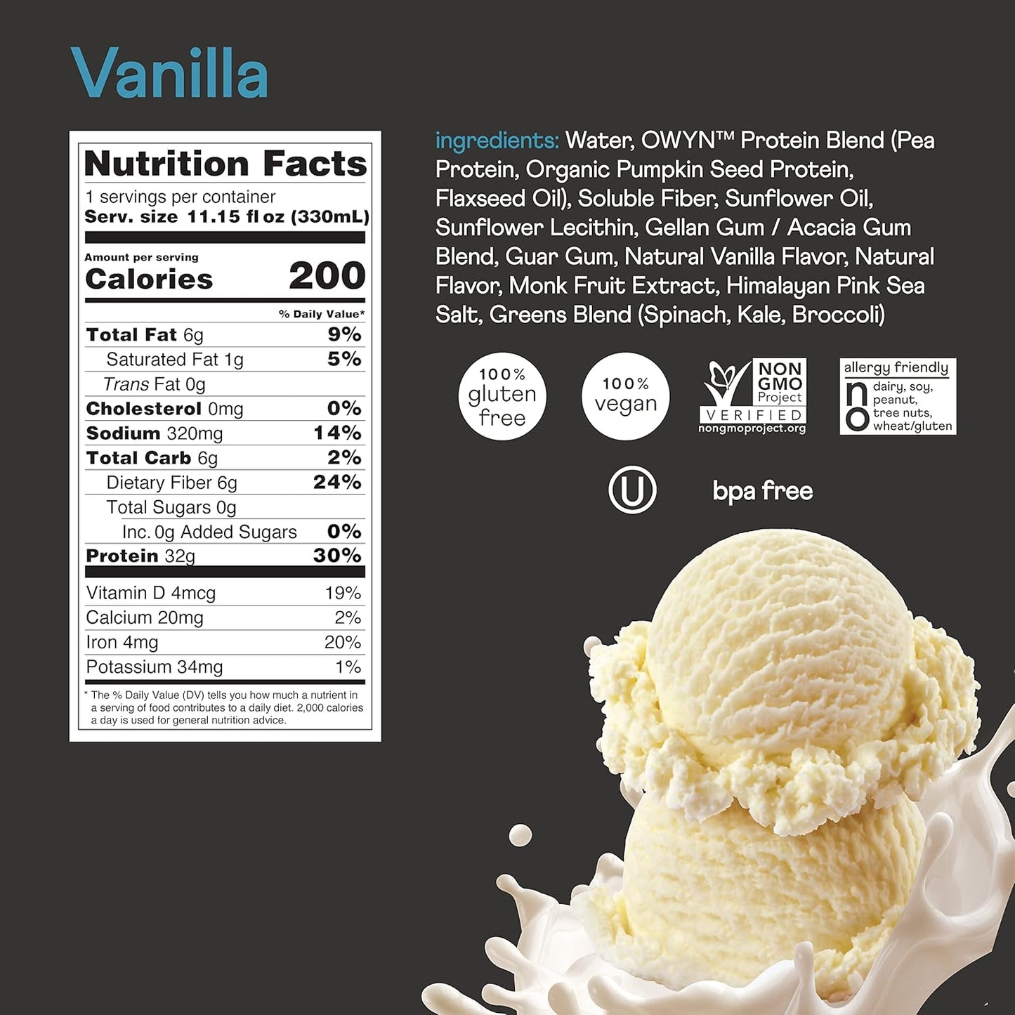 OWYN Pro Elite Vegan Plant-Based High Protein Shake, Vanilla - 24 Pack, 32g Protein, Prebiotics, Superfoods Greens - Zero Sugar, Keto Friendly