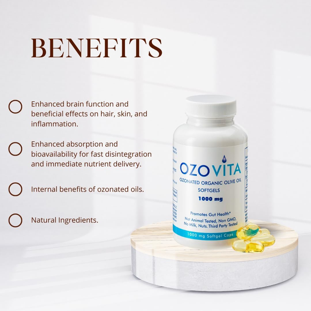 OZOVITA Ozonated Organic Olive Oil Softgels - 1000mg - 60 Softgels - Two Month Supply