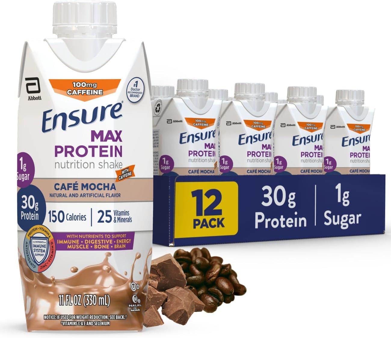 Pack of 12 Ensure Max Protein Nutritional Shakes, 30g Protein, 25 Vitamins & Minerals, Gluten Free, 7 Flavors - Cafe Mocha, Milk Chocolate