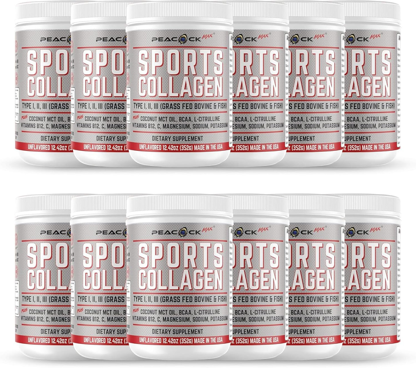 Pack of 12 Peacock Max Sports Collagen Powder - Grass Fed Bovine & Wild Fish Hydrolyzed Multi Collagen Peptides with BCAA & Magnesium, 149.04 oz