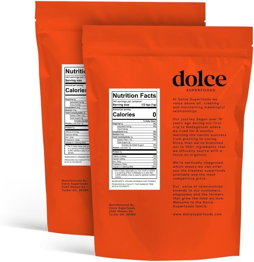 Pack of 2 Dolce Superfoods Moringa Leaf Powder - Greens Superfood with Amino Acids, Antioxidants, Protein, Vitamins, Omega - Moringa Oleifera Drumstick Supplement for Teas, Smoothies & Beverages