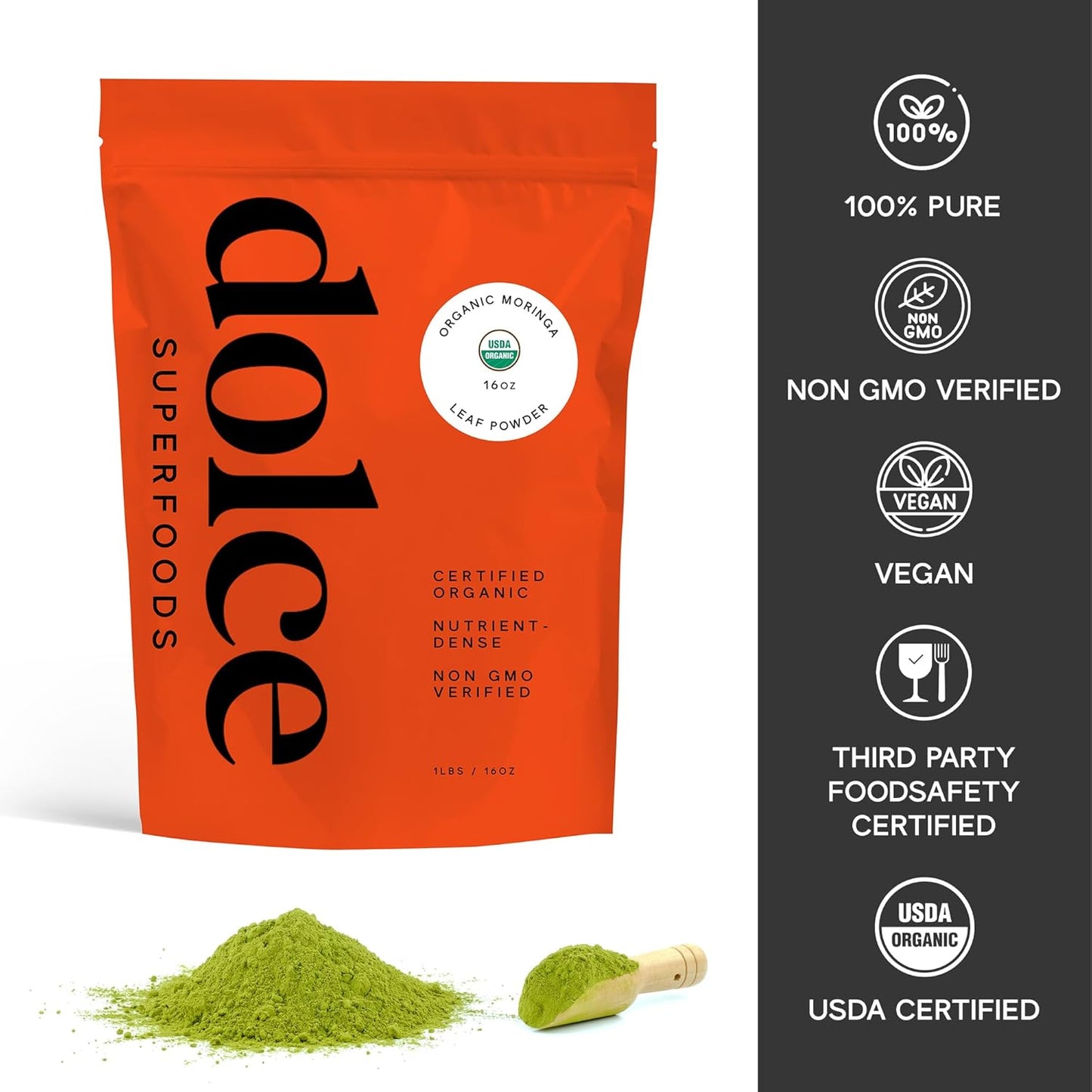 Pack of 2 Dolce Superfoods Moringa Leaf Powder - Greens Superfood with Amino Acids, Antioxidants, Protein, Vitamins, Omega - Moringa Oleifera Drumstick Supplement for Teas, Smoothies & Beverages