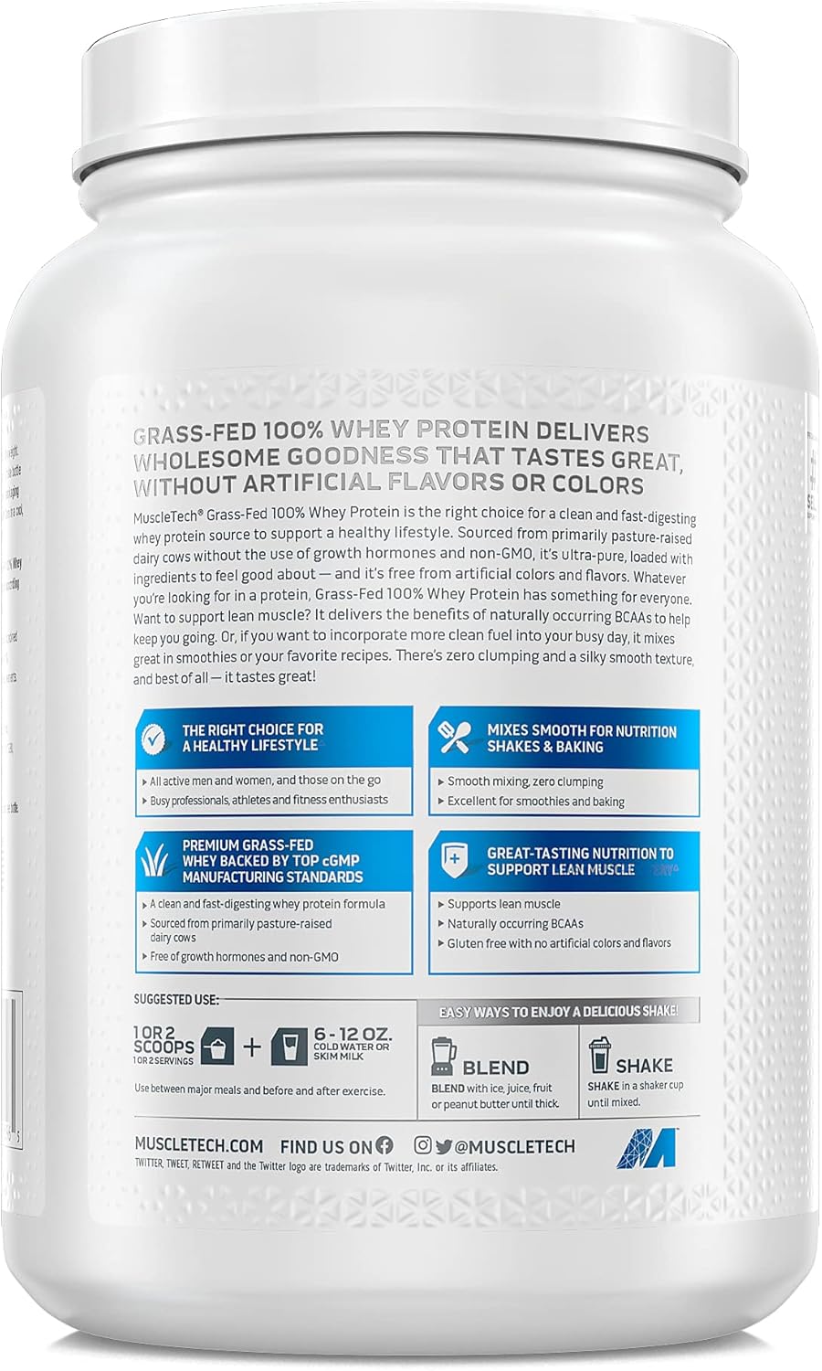 Pack of 2 MuscleTech Triple Chocolate Grass Fed Whey Protein Powder, 20g Protein, Growth Hormone Free, Non-GMO, Gluten Free, 4.3g BCAA, 1.8 lbs - Muscle Gain Formula
