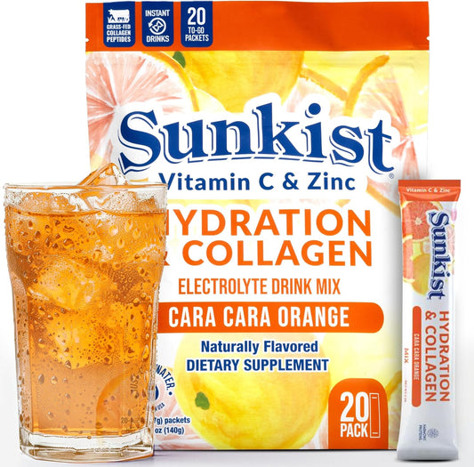 Pack of 20 Frozen Bean Sunkist Cara-Cara Orange Electrolyte Drink Mix with Vitamin C, Zinc, Collagen Peptides for Hydration and Energy Boost