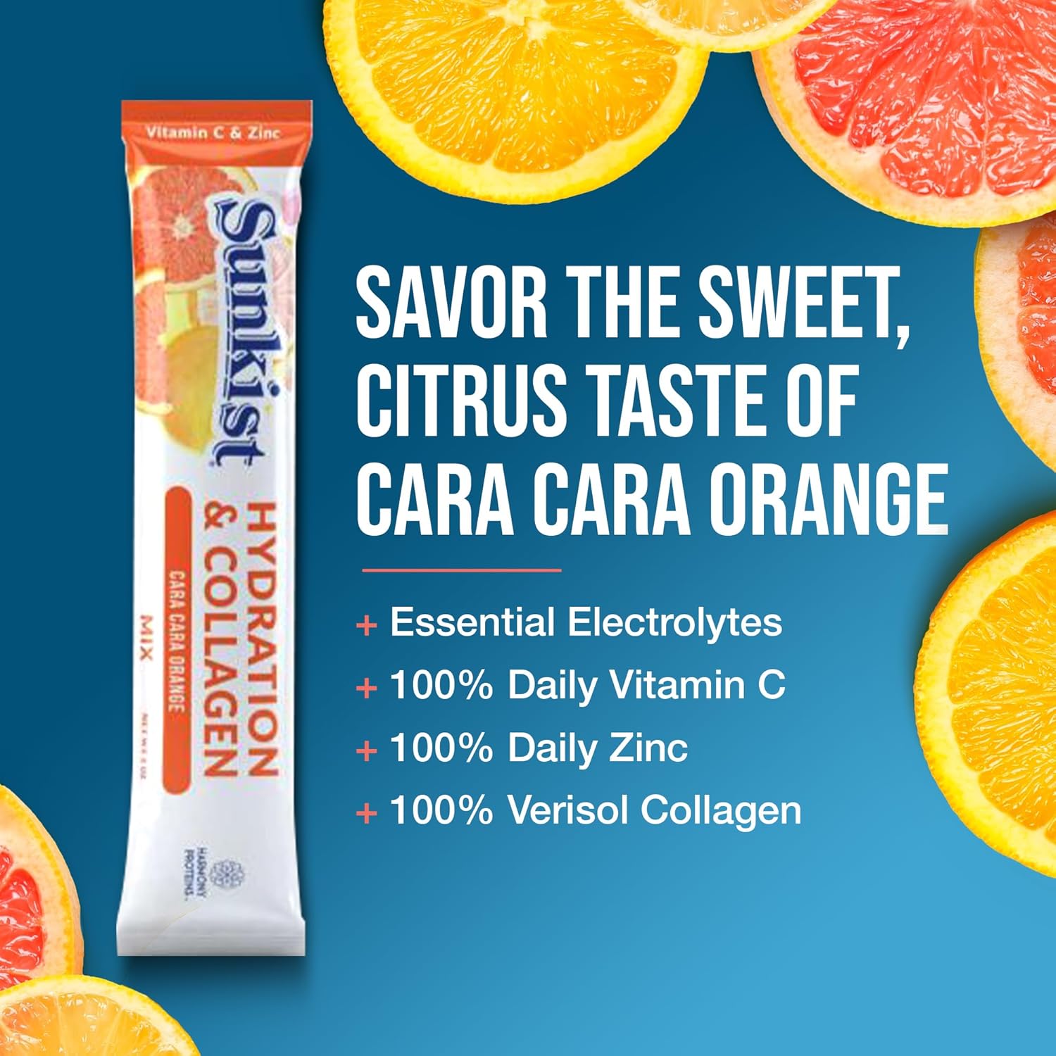 Pack of 20 Frozen Bean Sunkist Cara-Cara Orange Electrolyte Drink Mix with Vitamin C, Zinc, Collagen Peptides for Hydration and Energy Boost