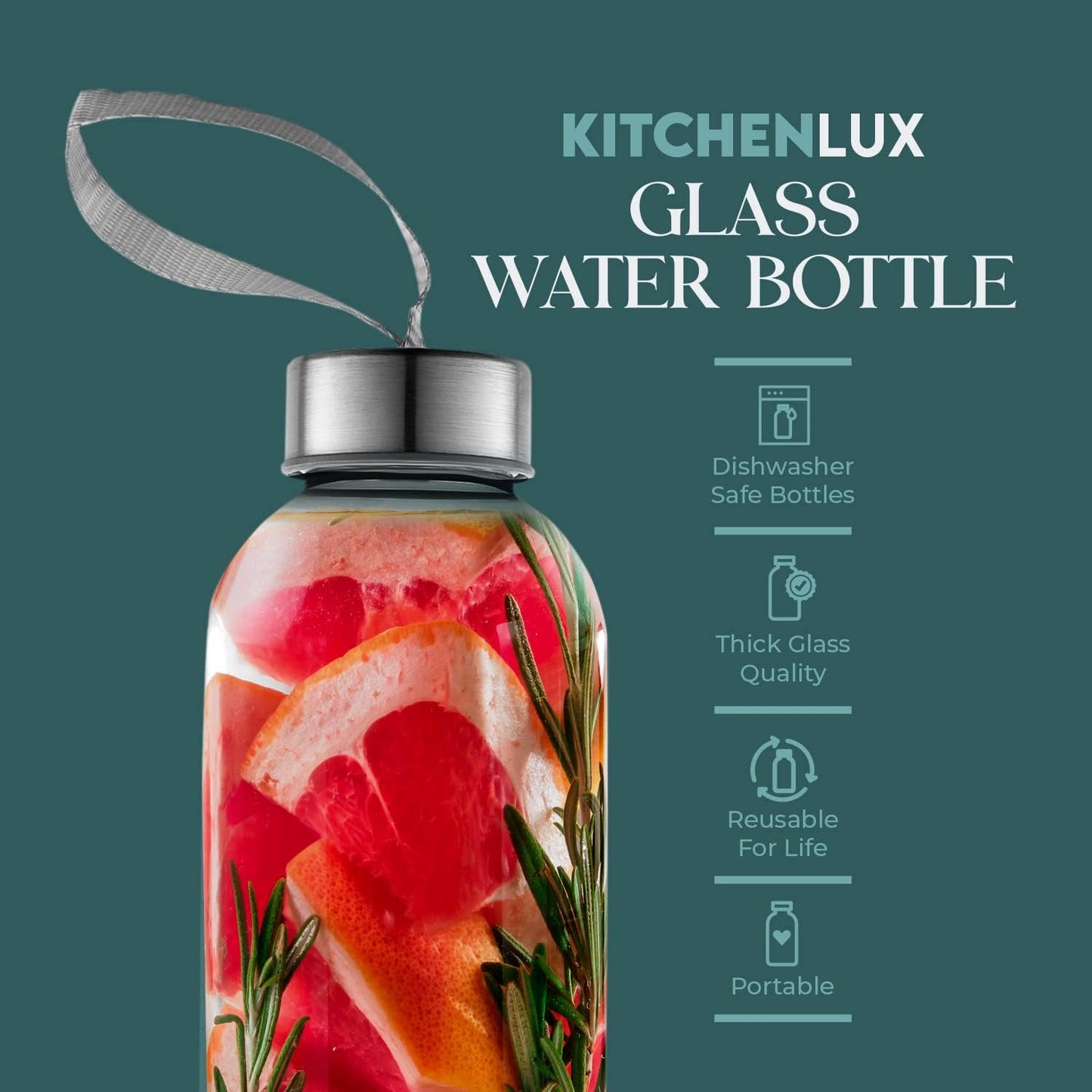 Pack of 4 Kitchen Lux 18oz Glass Water Bottles with Protective Sleeves, Screw Top Lids, Carrying Loops - BPA Free Beverage Glasses