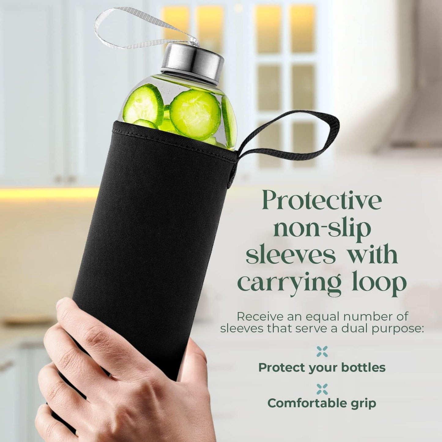 Pack of 4 Kitchen Lux 18oz Glass Water Bottles with Protective Sleeves, Screw Top Lids, Carrying Loops - BPA Free Beverage Glasses