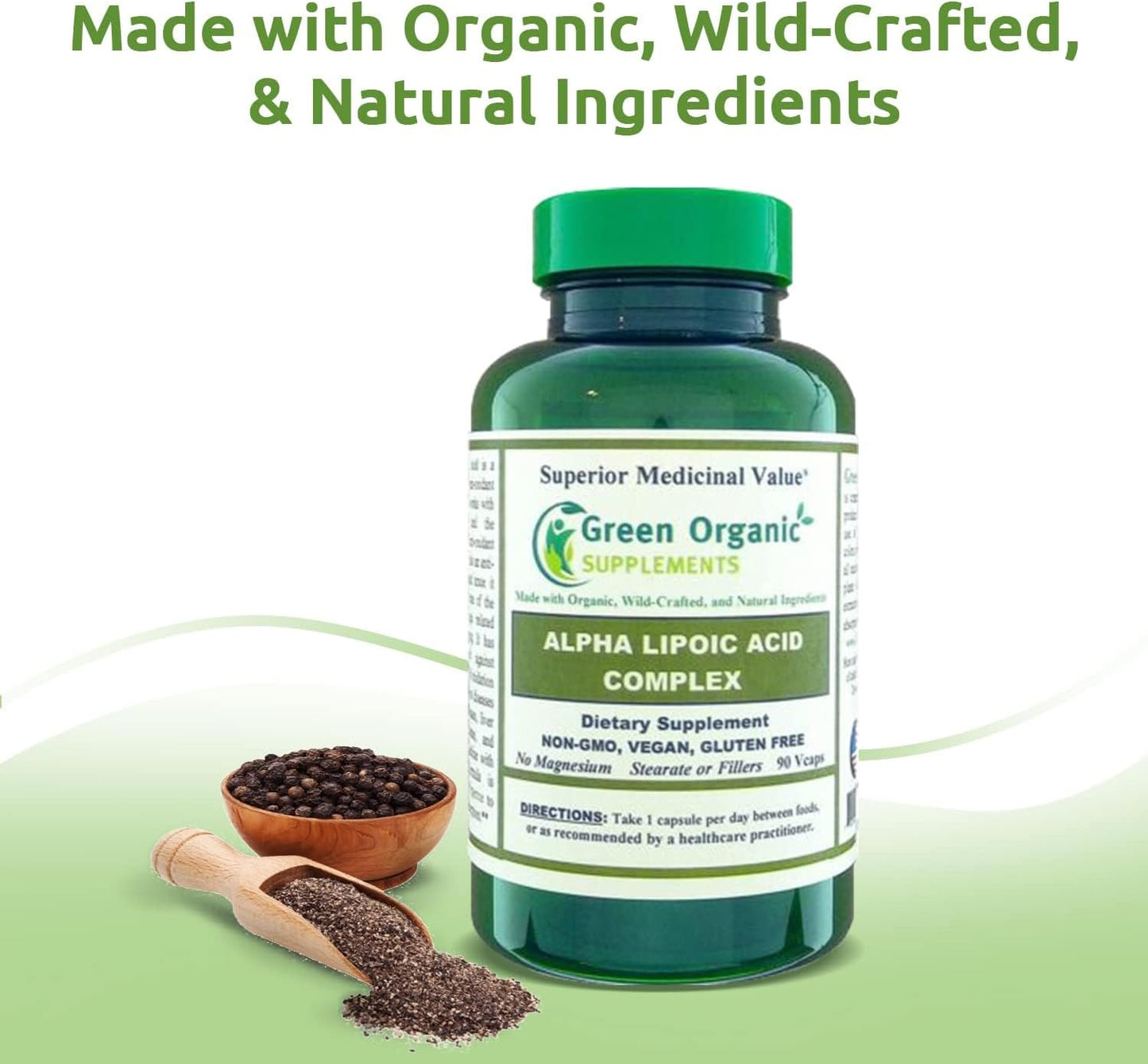Pack of 5 Green Organic Supplements Alpha Lipoic Acid Complex ALA Capsules, 90 VCaps