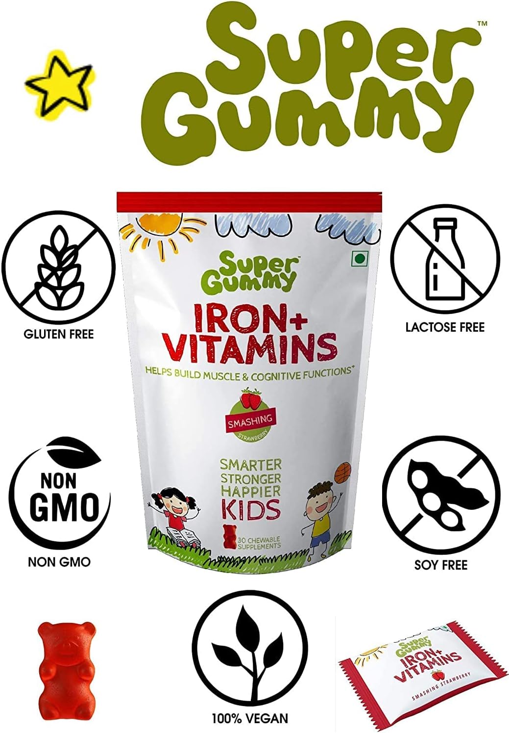 Pack of 60 Organic Touch Super Gummy Iron & Vitamins Gummies for Kids - Enhance Muscle Growth and Cognitive Function with Chewable Bears