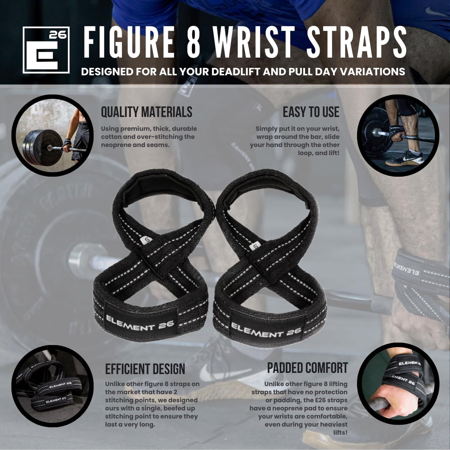 Padded Figure 8 Lifting Straps for Men and Women - Ideal for Deadlifts and Weightlifting - Wrist Straps for Enhanced Performance