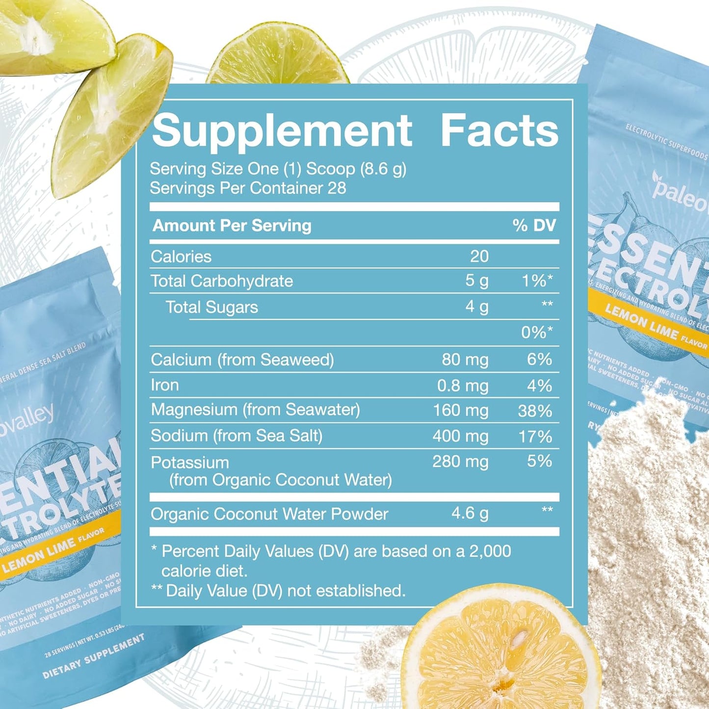 Paleovalley Lemon Lime Electrolyte Powder - Hydration, Energy, Muscle Recovery - No Added Sugar - 28 Servings