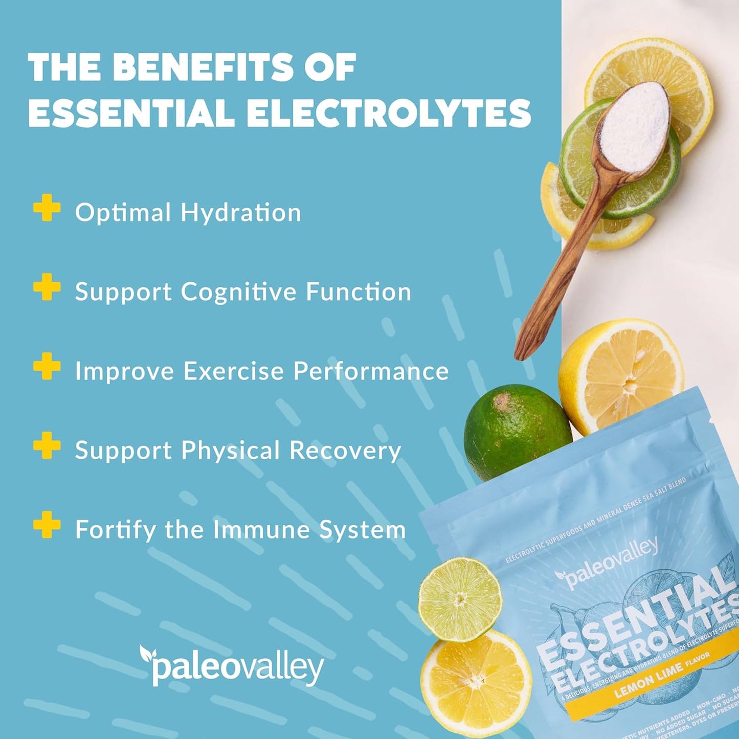 Paleovalley Lemon Lime Electrolyte Powder - Hydration, Energy, Muscle Recovery - No Added Sugar - 28 Servings