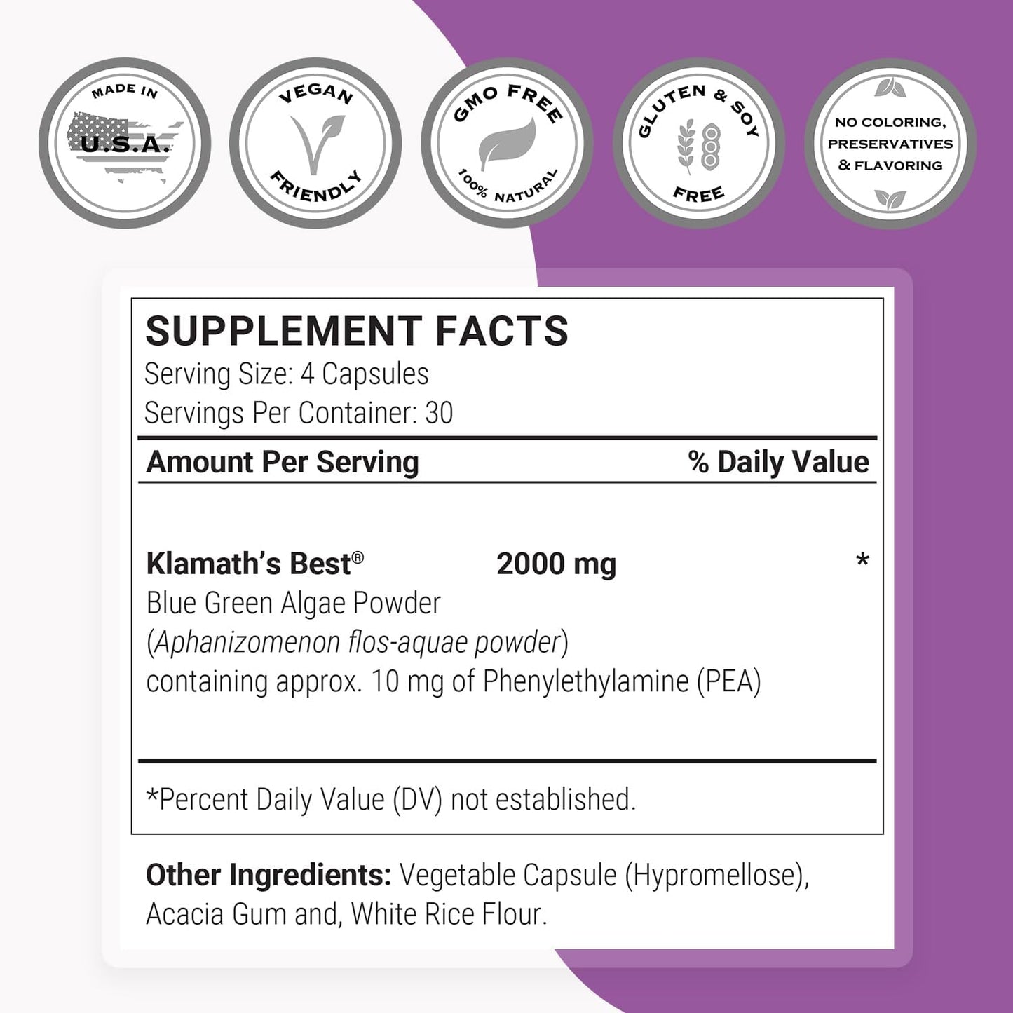 Patented Supersmart AFA Extract 1000mg Daily Blue-Green Algae Supplement - Non-GMO, Gluten Free - 120 Capsules