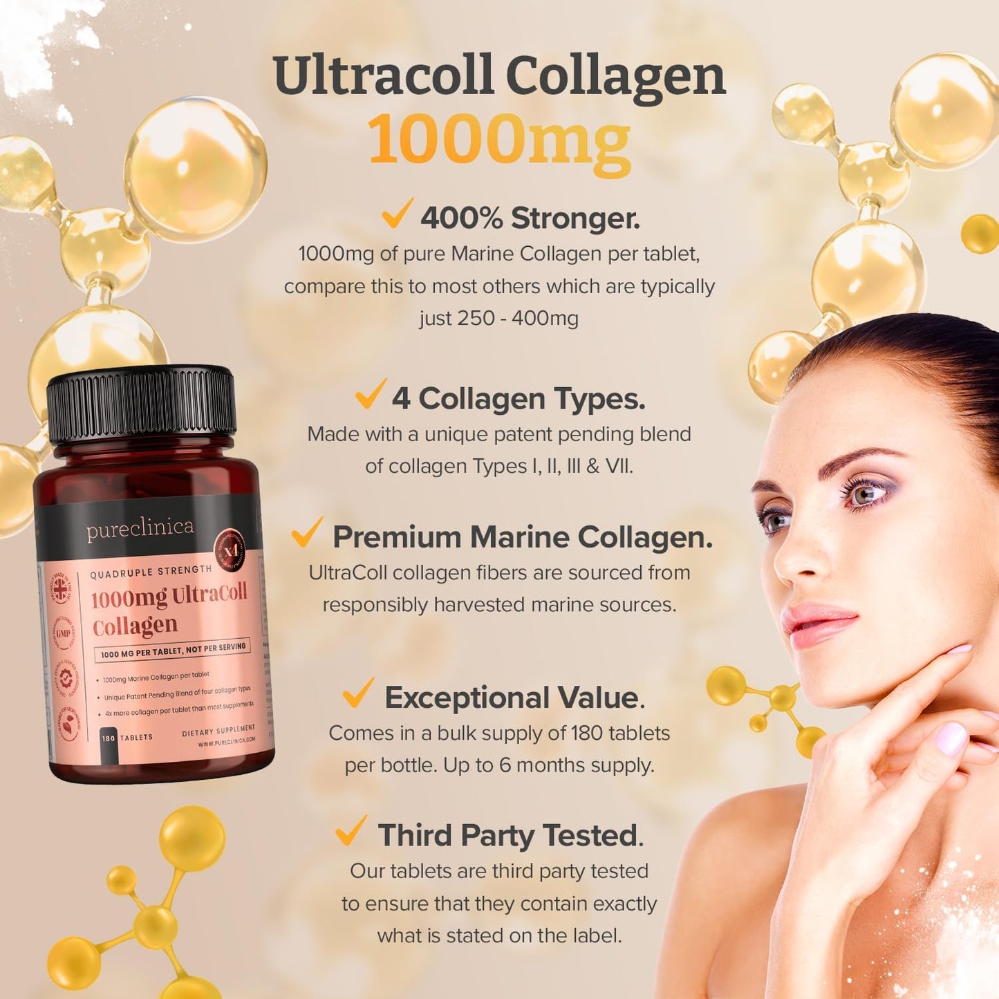 Patented UltraColl Marine Collagen 1000mg x 1080 Tablets - 18 Month Supply of Anti-Aging Types I, II, III, and VII