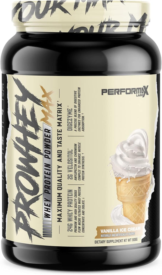 Performax Labs ProWhey Max Whey Protein Powder | High-Quality Protein with Digestive Enzymes | 24g Protein | Delicious Vanilla Ice Cream Flavor | 2lb