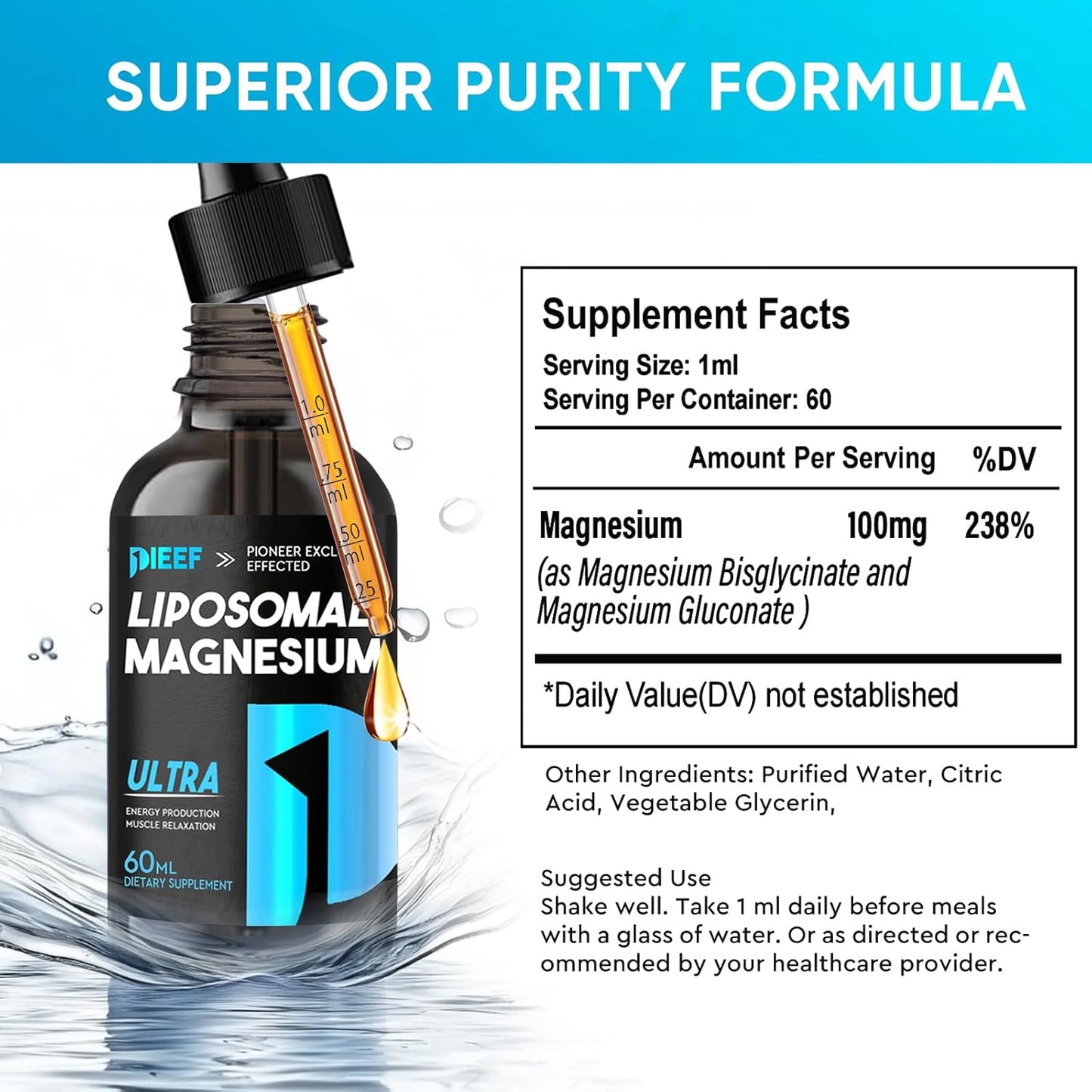 PIEEF Magnesium Glycinate Liquid Drops: Stress Relief, Bone & Muscle Support