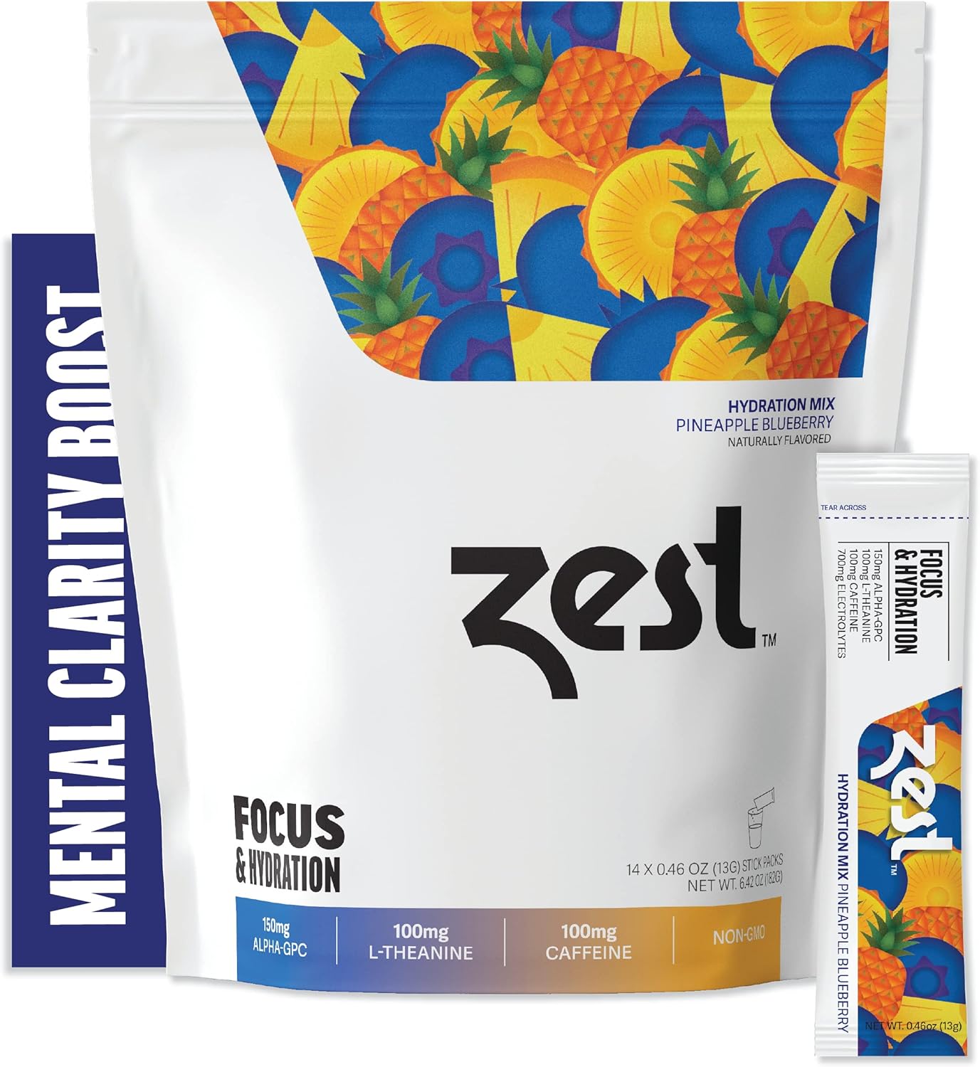 Pineapple Blueberry Focus & Hydration Powder with Caffeine & Nootropic Brain Boost - 14 Packets
