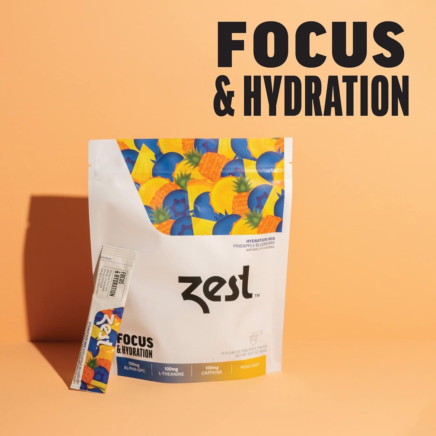 Pineapple Blueberry Focus & Hydration Powder with Caffeine & Nootropic Brain Boost - 14 Packets