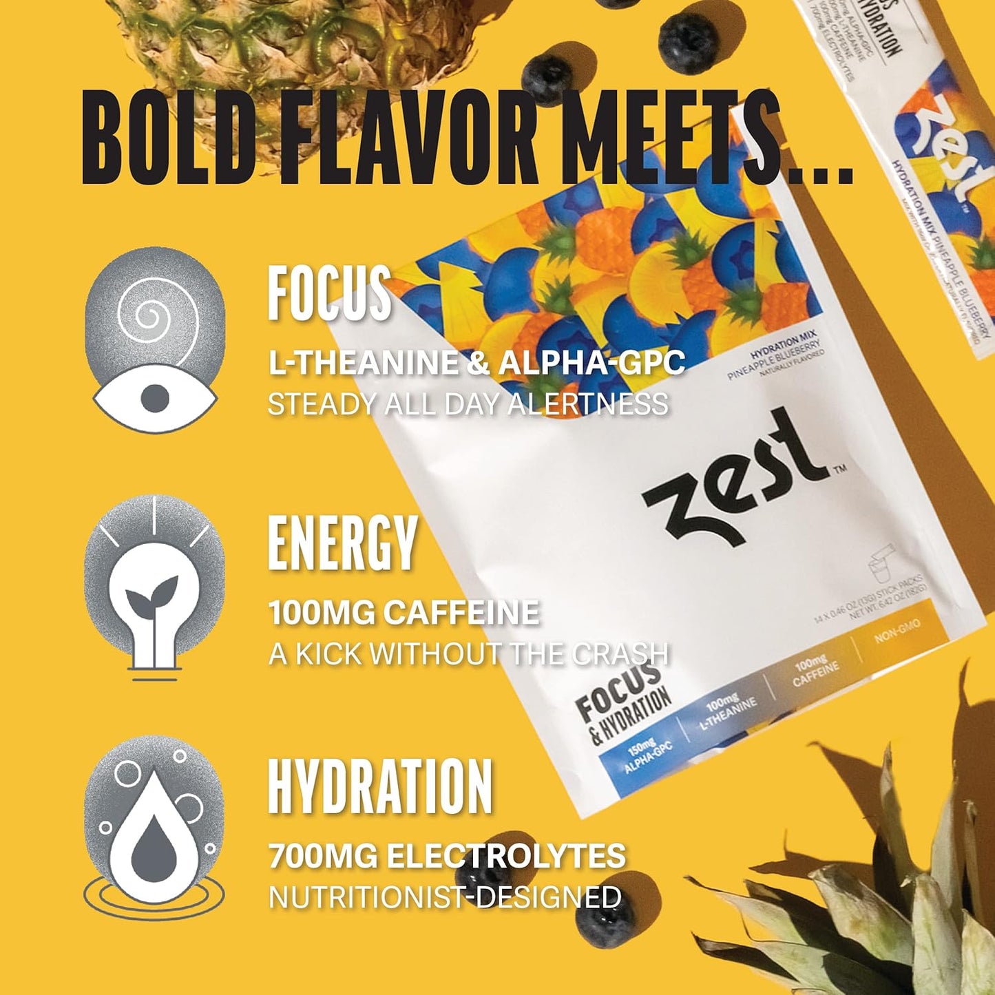 Pineapple Blueberry Focus & Hydration Powder with Caffeine & Nootropic Brain Boost - 14 Packets