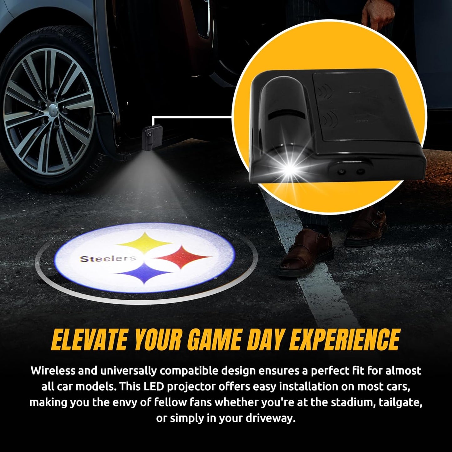 Pittsburgh Steelers NFL Car Door Light Projector - Wireless LED with Team Logo Slide - Fits Most Car Models - Battery-Operated
