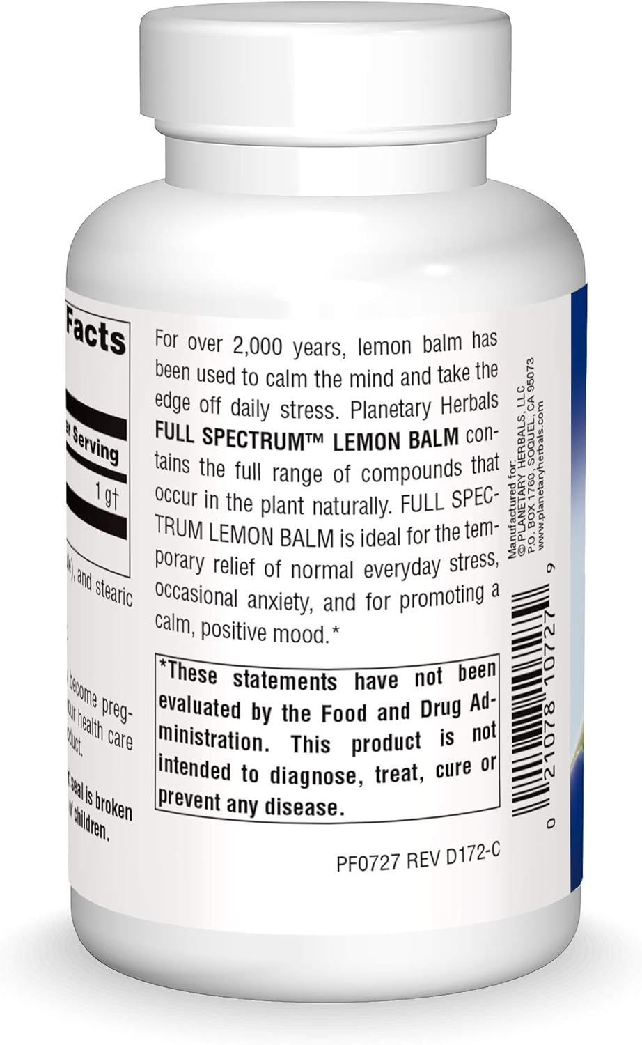 Planetary Herbals Lemon Balm Full Spectrum 500mg Capsules - Natural Calm & Rest Support
