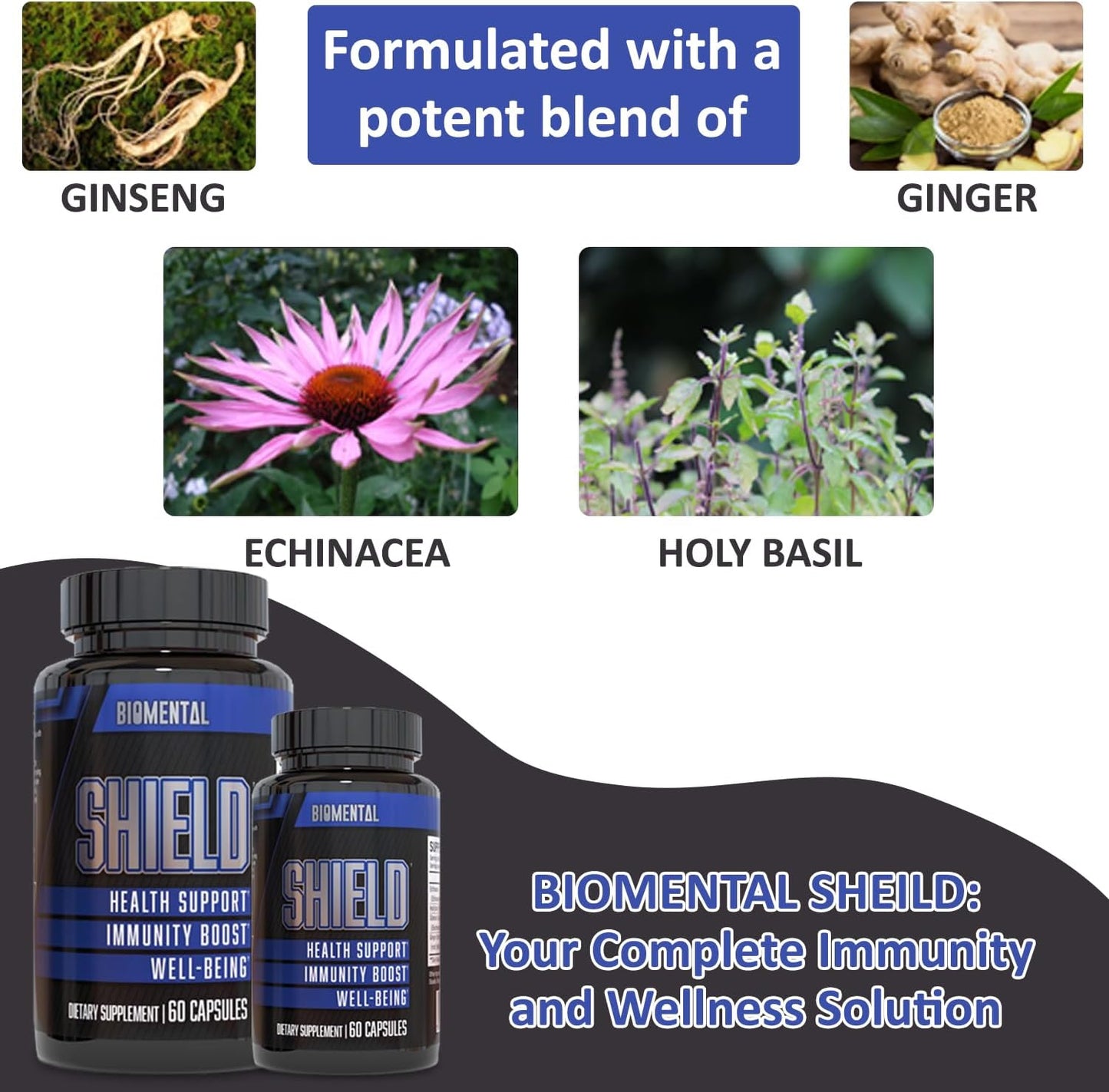 Plant-Based Biomental Immune Support Capsules with Ginseng, Ginger, Echinacea, & Holy Basil for Immunity Boost & Health Support - 60 Capsules