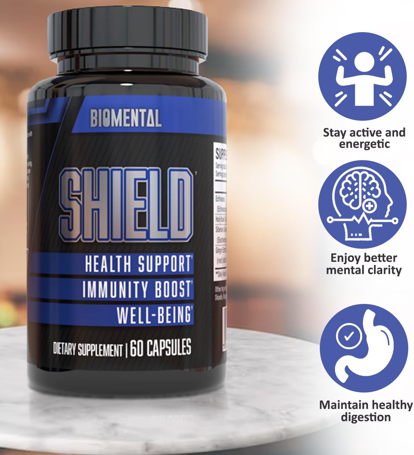Plant-Based Biomental Immune Support Capsules with Ginseng, Ginger, Echinacea, & Holy Basil for Immunity Boost & Health Support - 60 Capsules