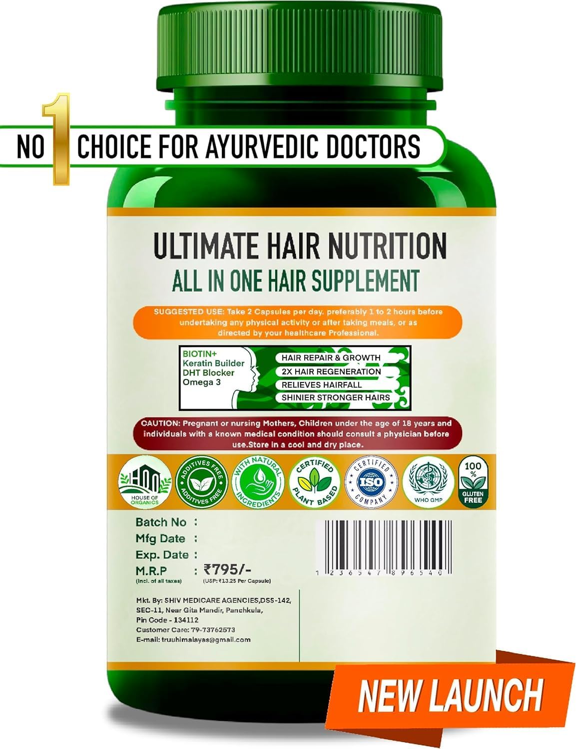 Plant Based Biotin 10000mcg with DHT Blocker, Keratin & Omega 3 - Hair Growth Supplement for Men & Women - Ayurvedic Nutrients - 60 Capsules
