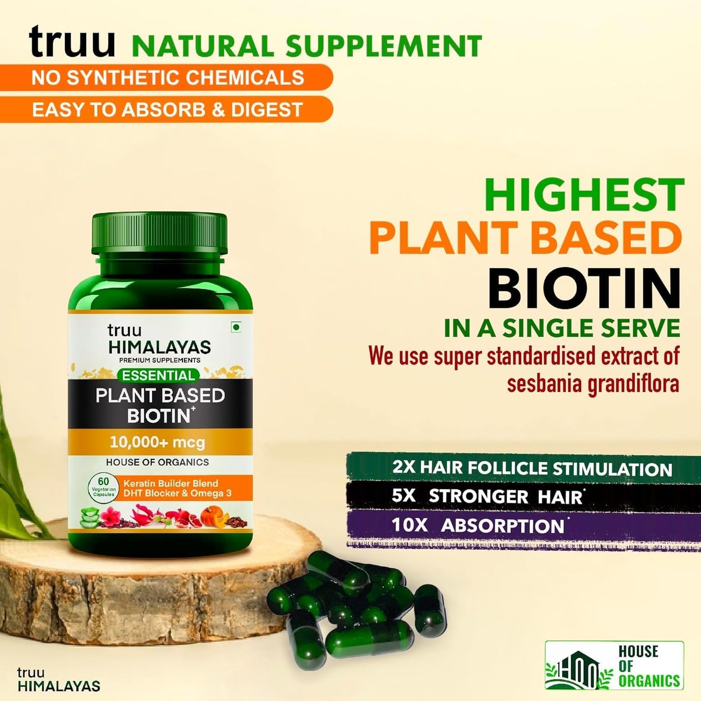 Plant Based Biotin 10000mcg with DHT Blocker, Keratin & Omega 3 - Hair Growth Supplement for Men & Women - Ayurvedic Nutrients - 60 Capsules