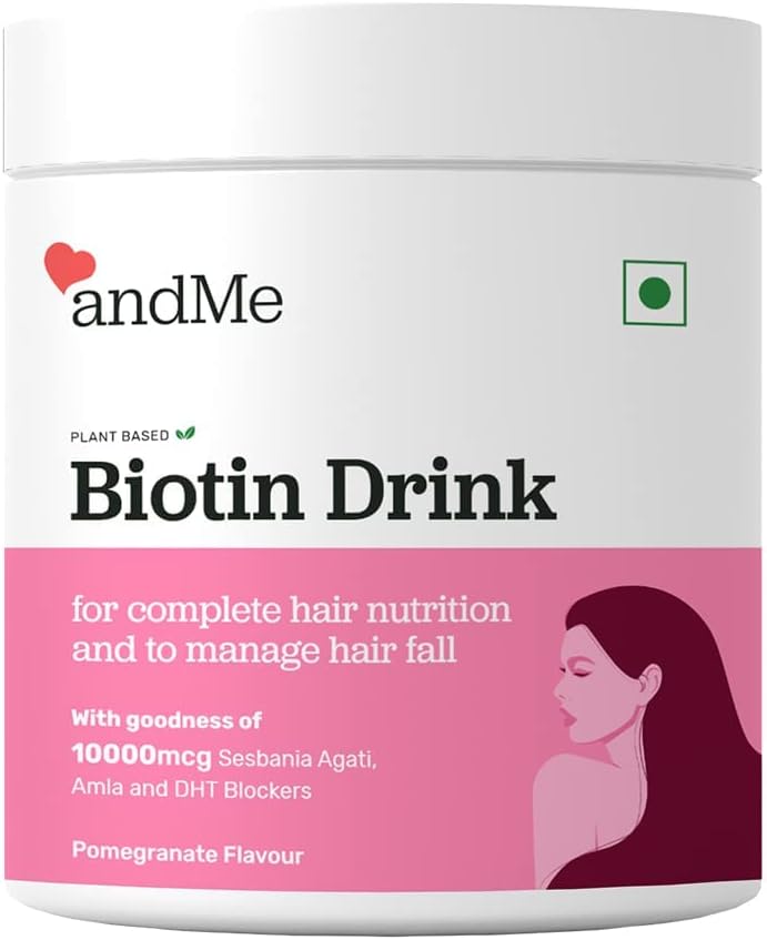 Plant-Based Biotin Powder with Herbal Extracts for Hair Growth, Vegan Formula with Omega-3 and Amino Acids, DHT Blocker - Pomegranate Flavour (150g)