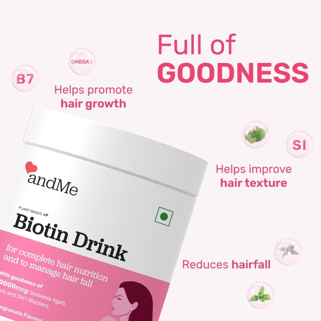 Plant-Based Biotin Powder with Herbal Extracts for Hair Growth, Vegan Formula with Omega-3 and Amino Acids, DHT Blocker - Pomegranate Flavour (150g)