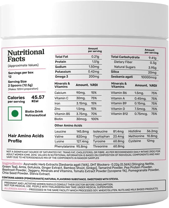 Plant-Based Biotin Powder with Herbal Extracts for Hair Growth, Vegan Formula with Omega-3 and Amino Acids, DHT Blocker - Pomegranate Flavour (150g)