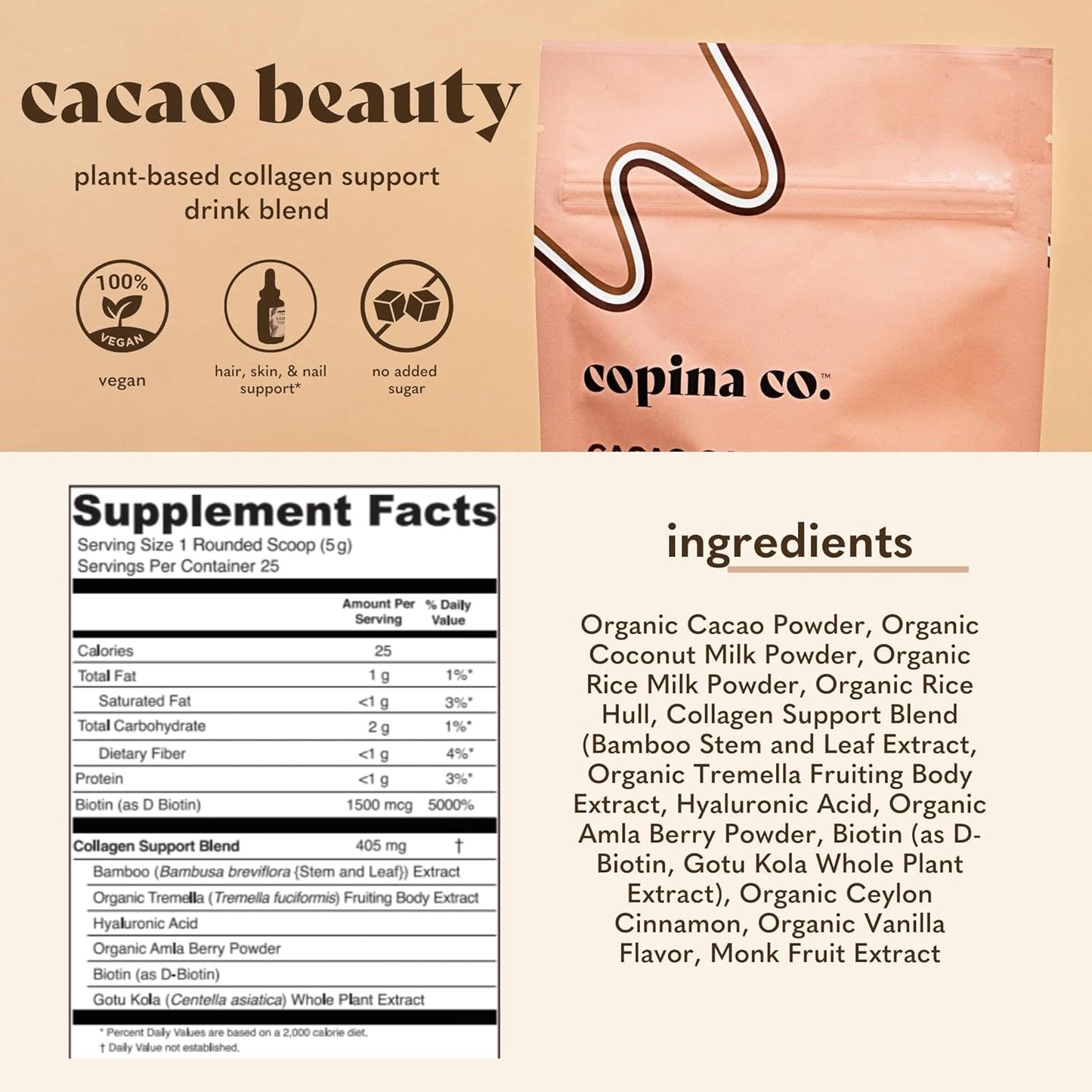 Plant-Based Cacao Beauty Collagen Booster Smoothie Drink Blend - Vegan Creamy Blend with Cacao Flavor - 25 Servings
