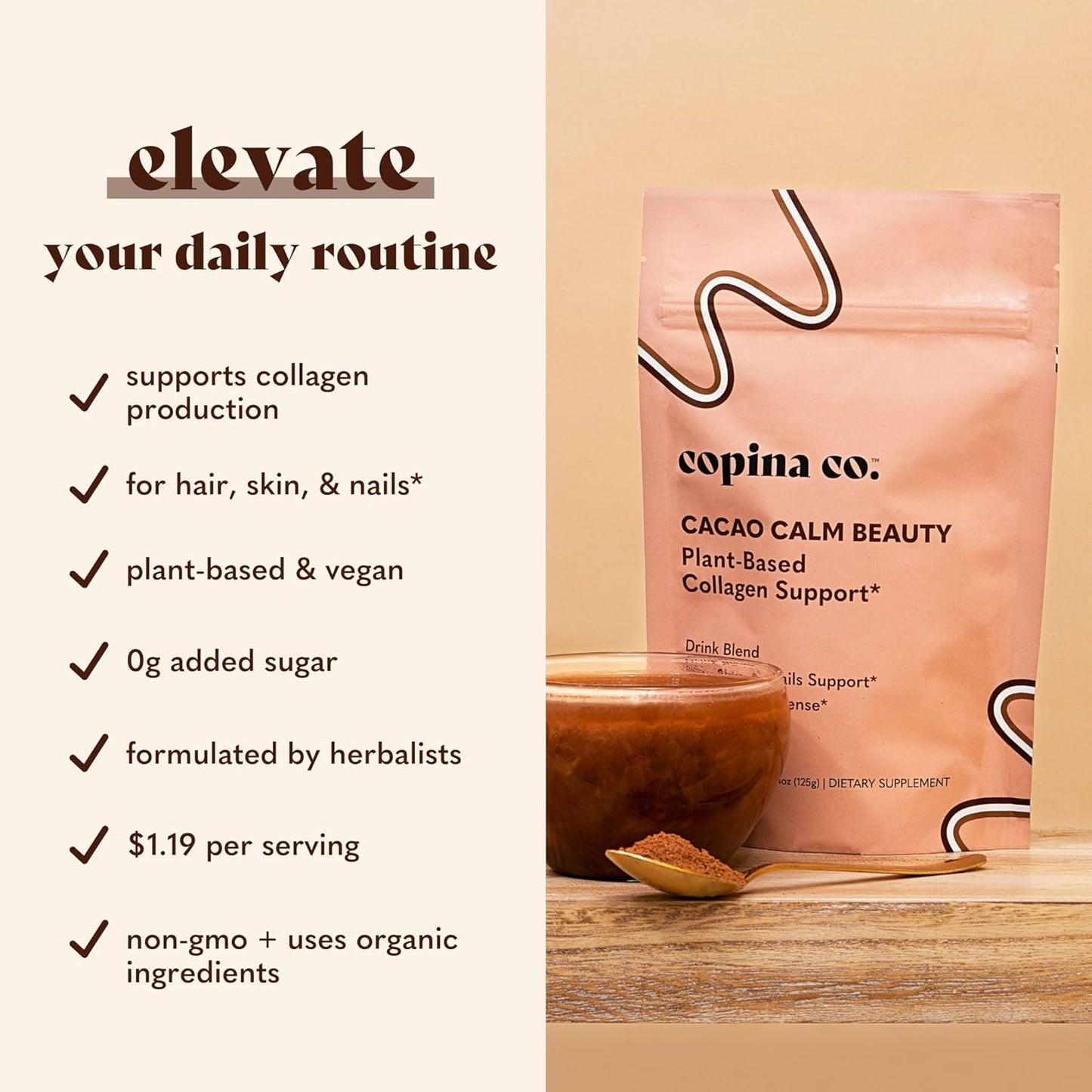 Plant-Based Cacao Beauty Collagen Booster Smoothie Drink Blend - Vegan Creamy Blend with Cacao Flavor - 25 Servings