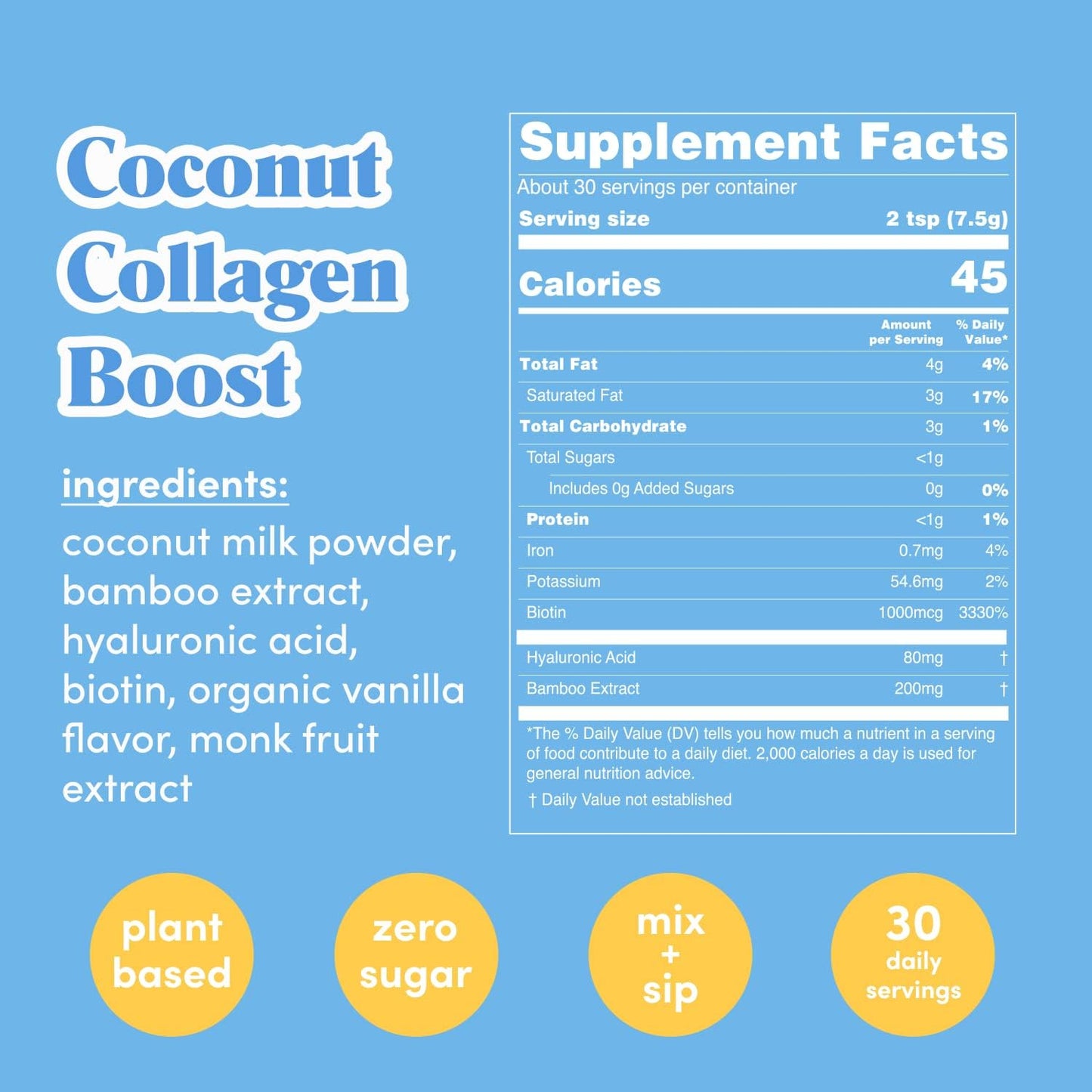 Plant-Based Collagen Boost Vegan Creamer with Hyaluronic Acid, Biotin, & Bamboo Extract for Hair, Skin, Nail Health - 30 Servings