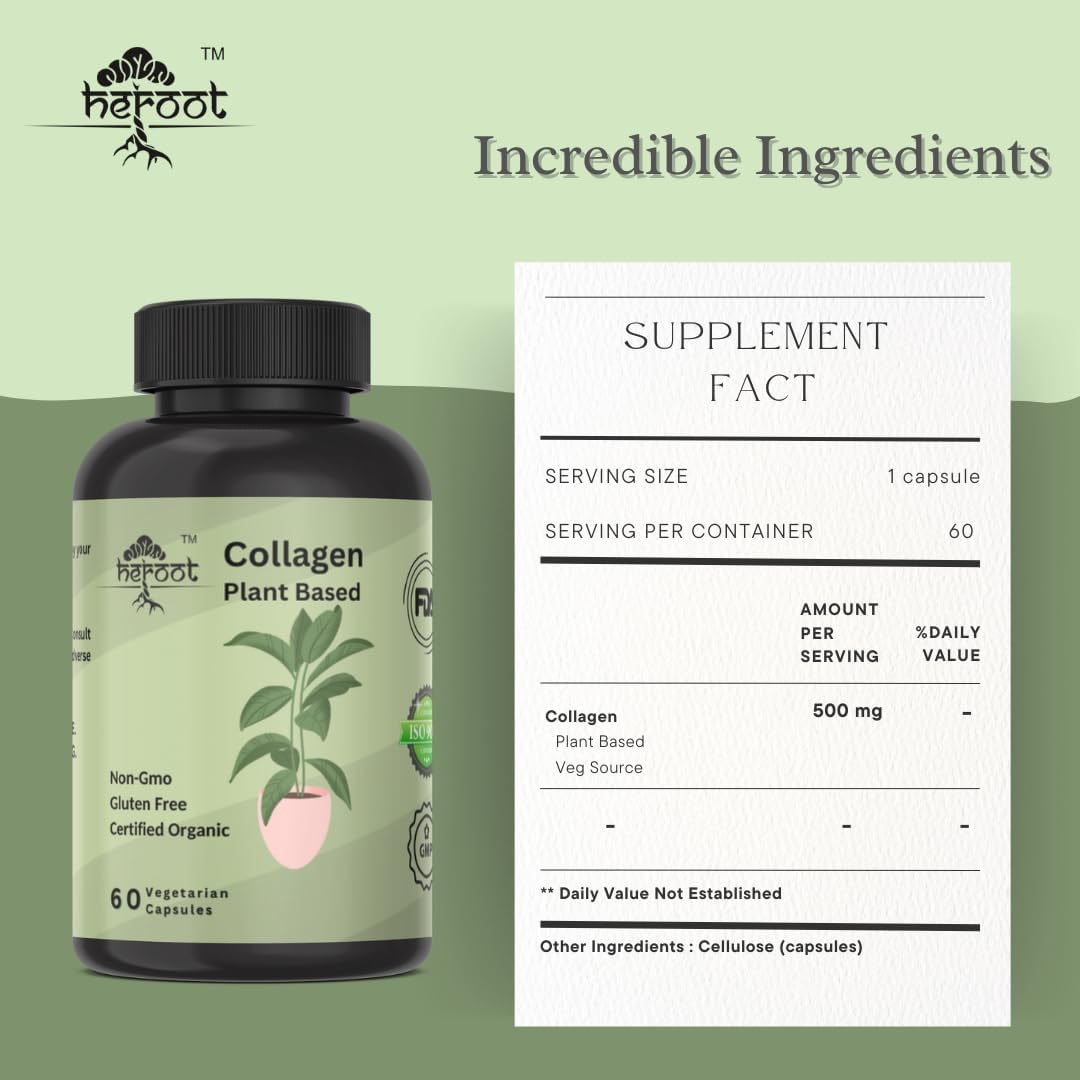 Plant-Based Collagen Supplement for Skin, Hair, and Nails | 500mg | 120 Capsules | USDA Certified | Skin Brightening Formula