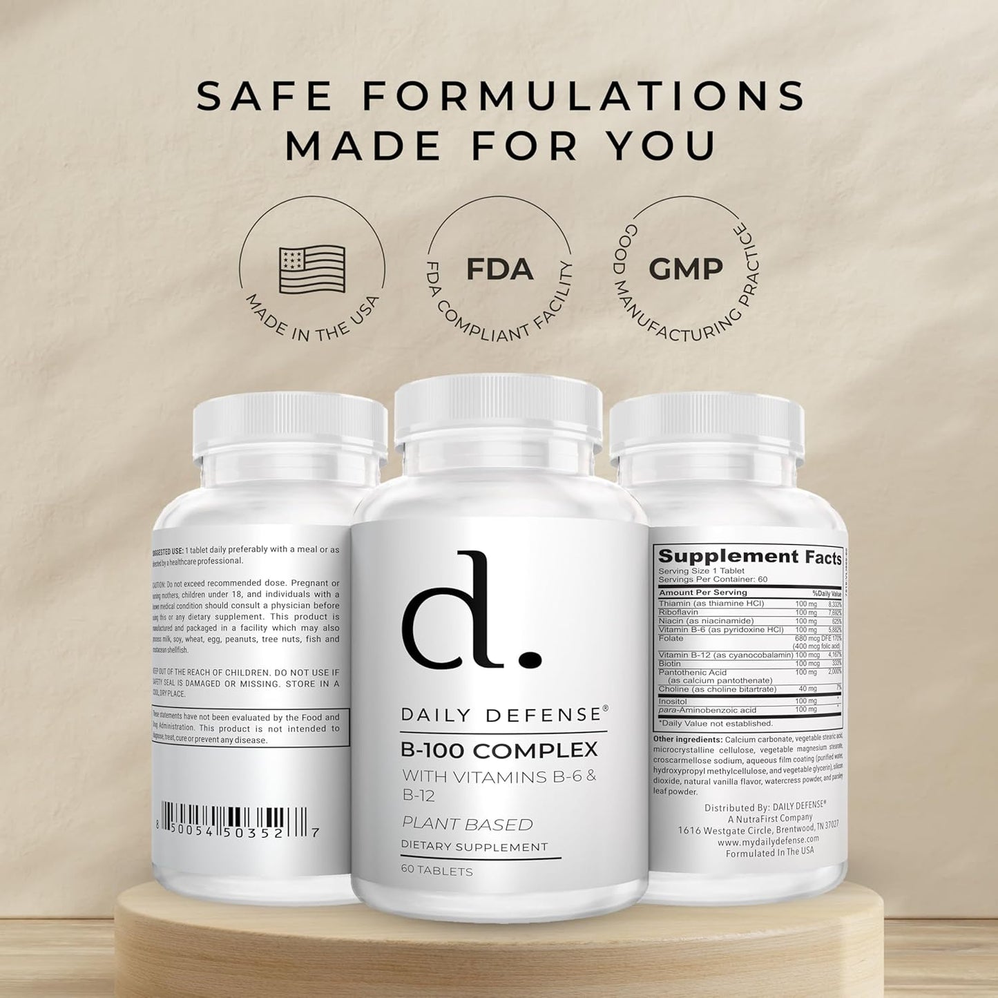 Plant Based Daily B-100 Complex Vitamins for Men & Women - Immune & Cognitive Support Supplements - 60 Tablets