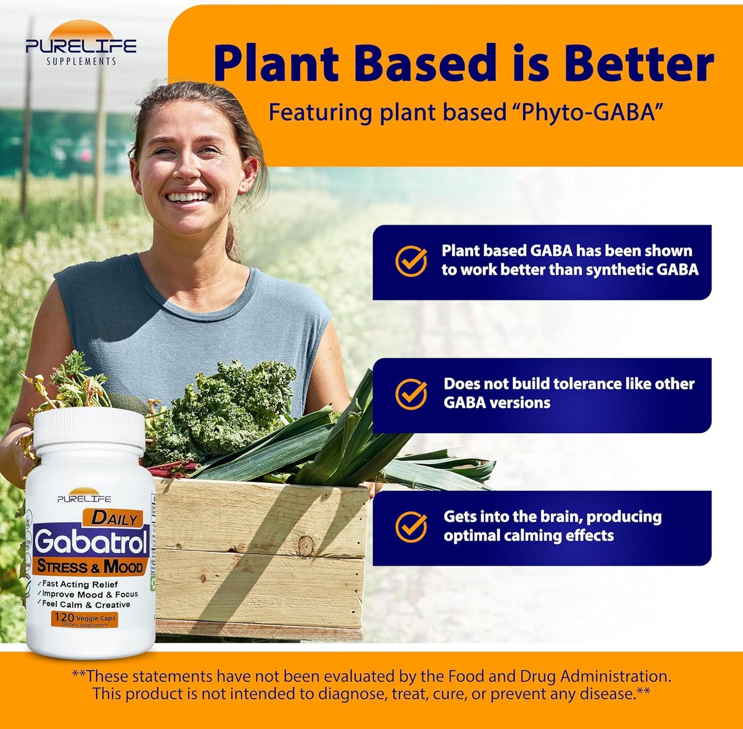 Plant Based GABA Supplement - PureLife Supplements Gabatrol Daily, 120 Veggie Caps, Vegetarian and Vegan Friendly
