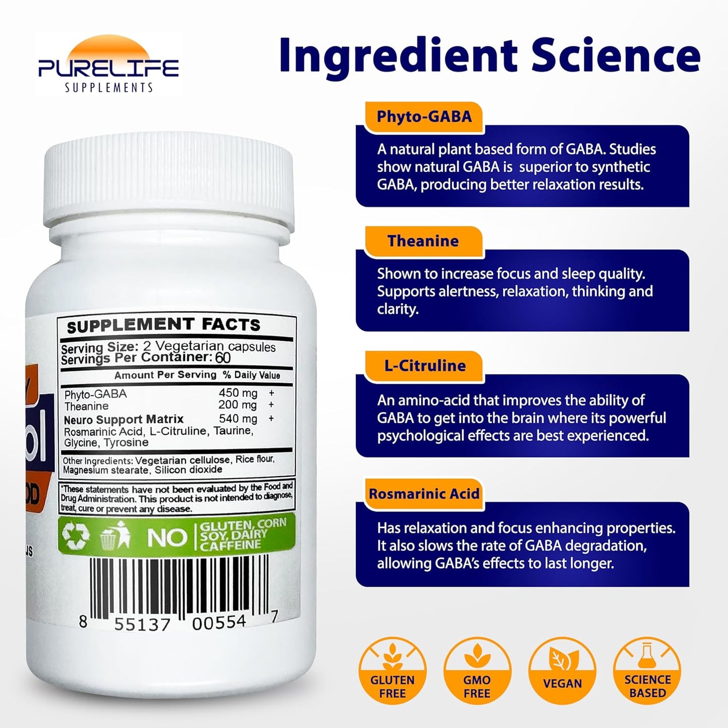 Plant Based GABA Supplement - PureLife Supplements Gabatrol Daily, 120 Veggie Caps, Vegetarian and Vegan Friendly