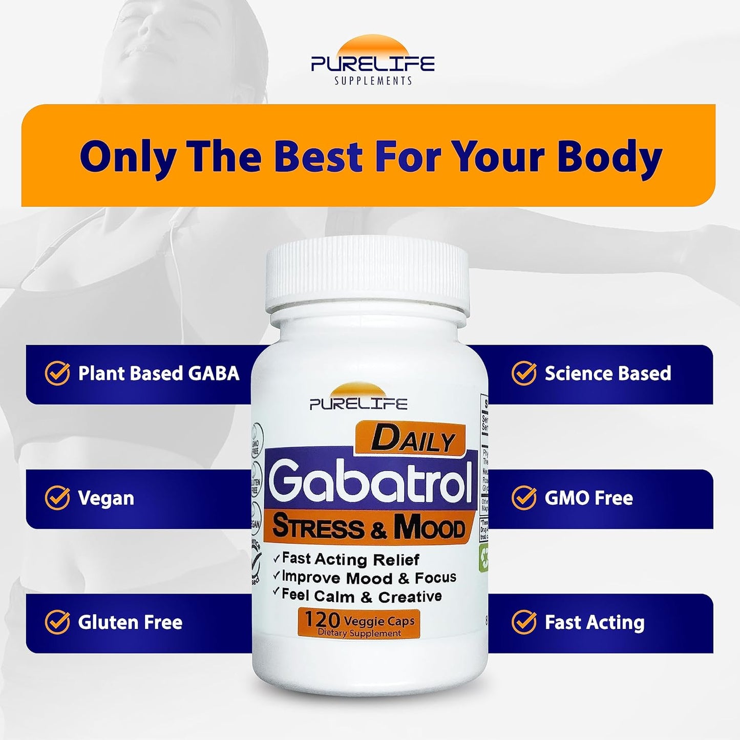 Plant Based GABA Supplement - PureLife Supplements Gabatrol Daily, 120 Veggie Caps, Vegetarian and Vegan Friendly