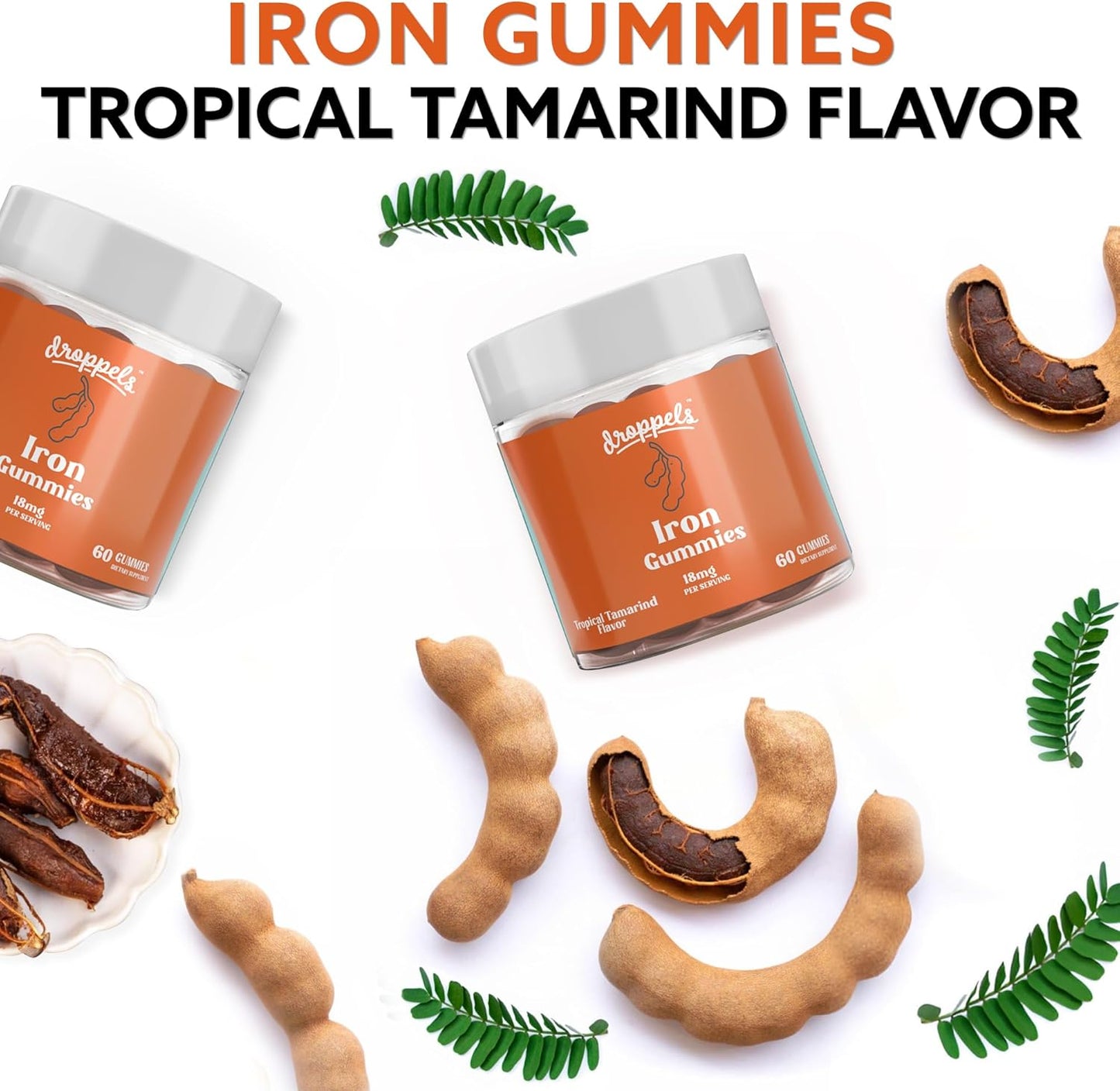Plant-Based Iron Gummies, 18mg β Vegan Iron Supplement for Women and Men | Pectin-Based Iron Vitamin | 60 Count, Tropical Tamarind Flavor