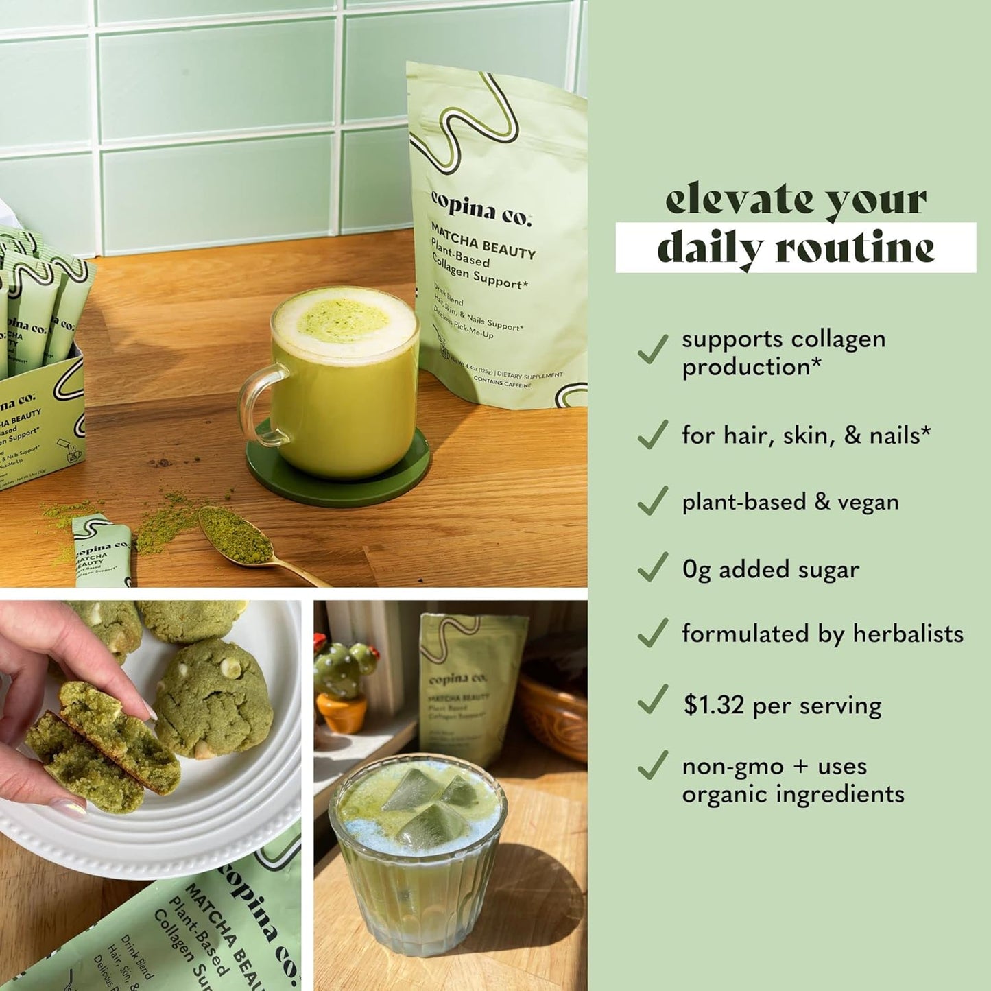 Plant-Based Matcha Beauty Collagen Booster Smoothie Blend by Copina Co. - Vegan Drink Mix with Matcha Flavor (25 Servings)