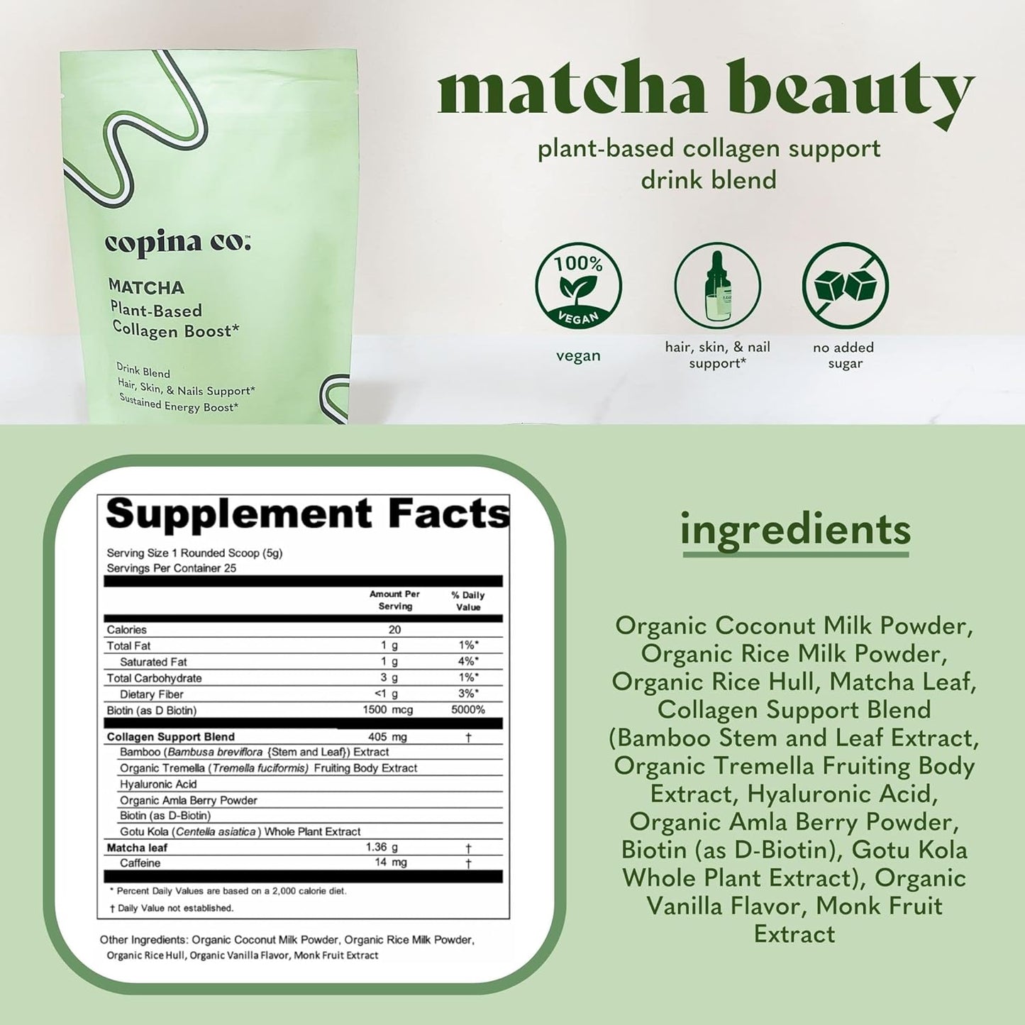 Plant-Based Matcha Beauty Collagen Booster Smoothie Blend by Copina Co. - Vegan Drink Mix with Matcha Flavor (25 Servings)