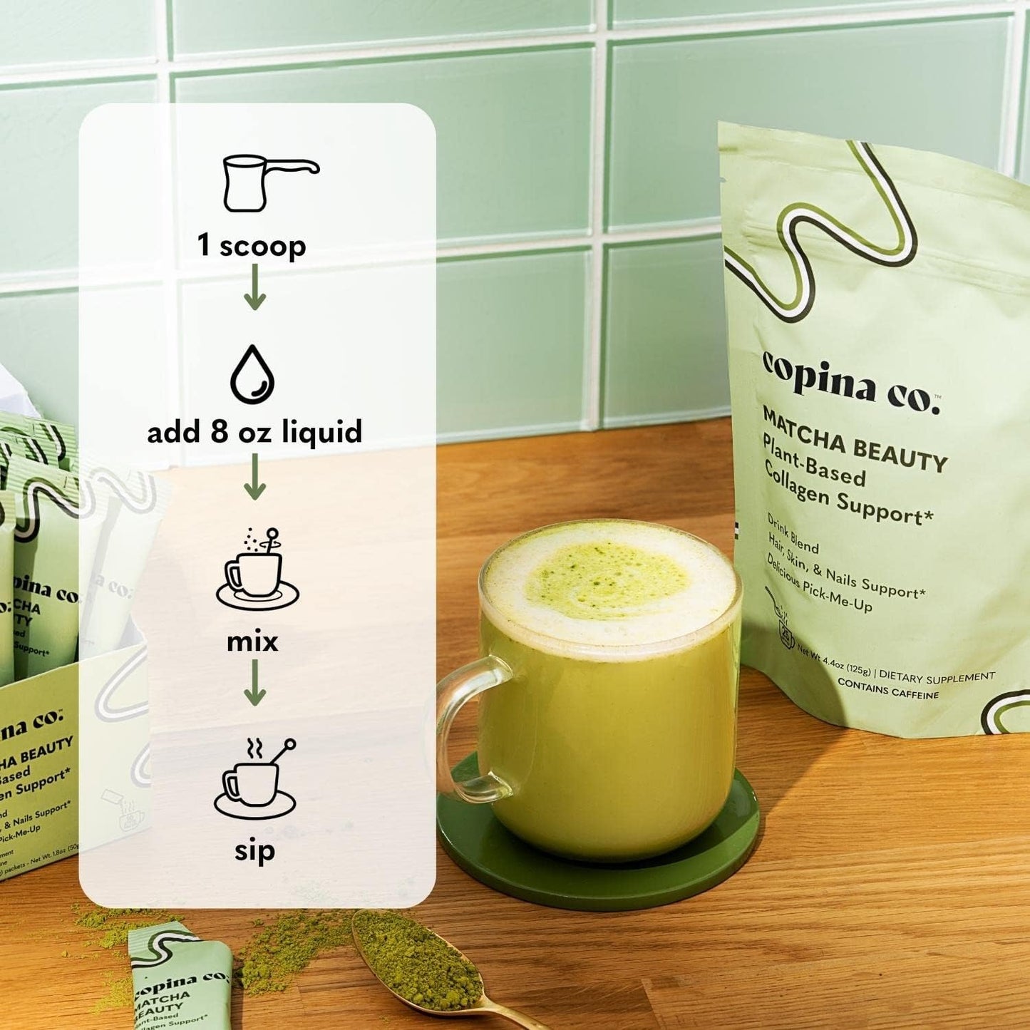 Plant-Based Matcha Beauty Collagen Booster Smoothie Blend by Copina Co. - Vegan Drink Mix with Matcha Flavor (25 Servings)