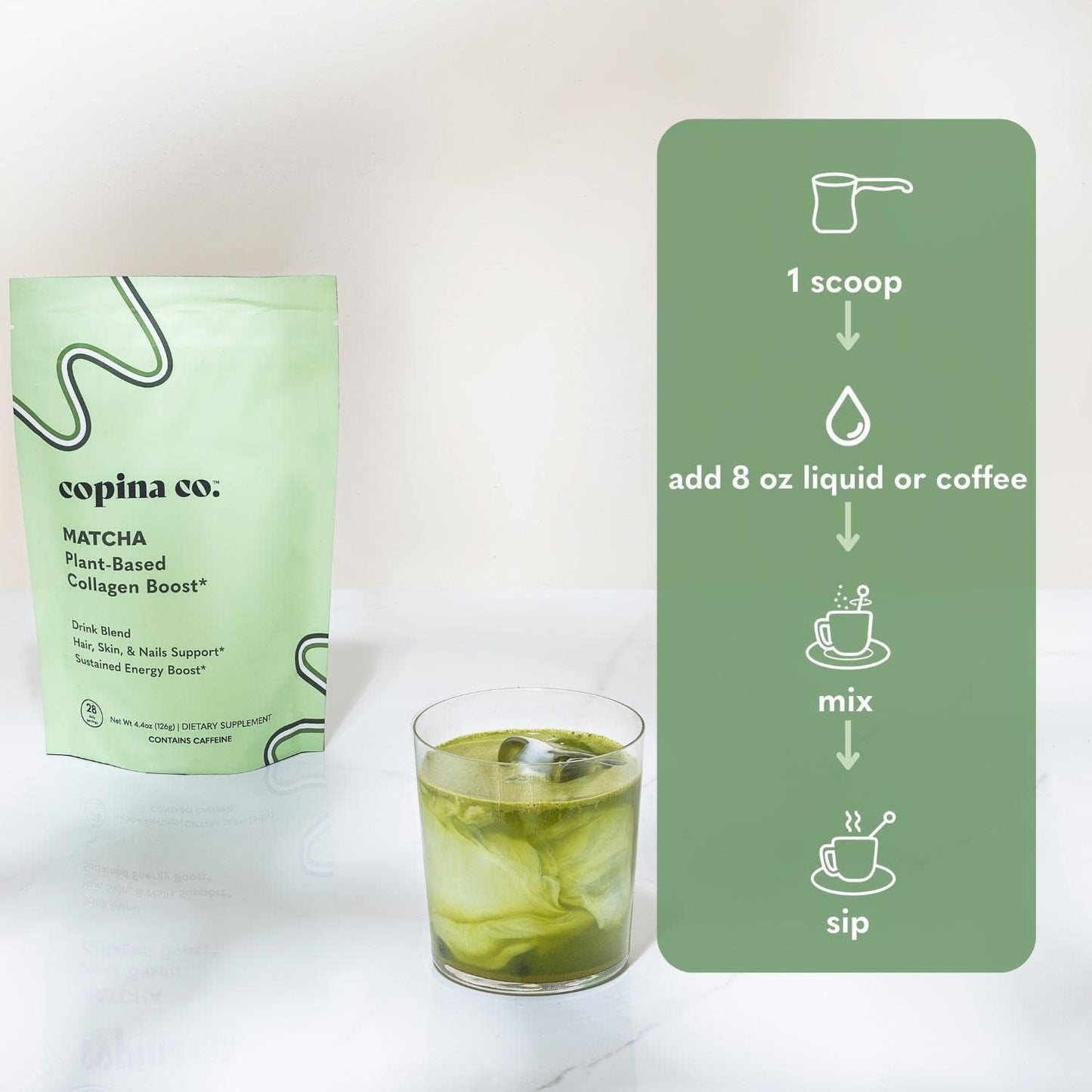 Plant-Based Matcha Beauty Collagen Booster Smoothie Blend by Copina Co. - Vegan Drink Mix with Matcha Flavor (25 Servings)