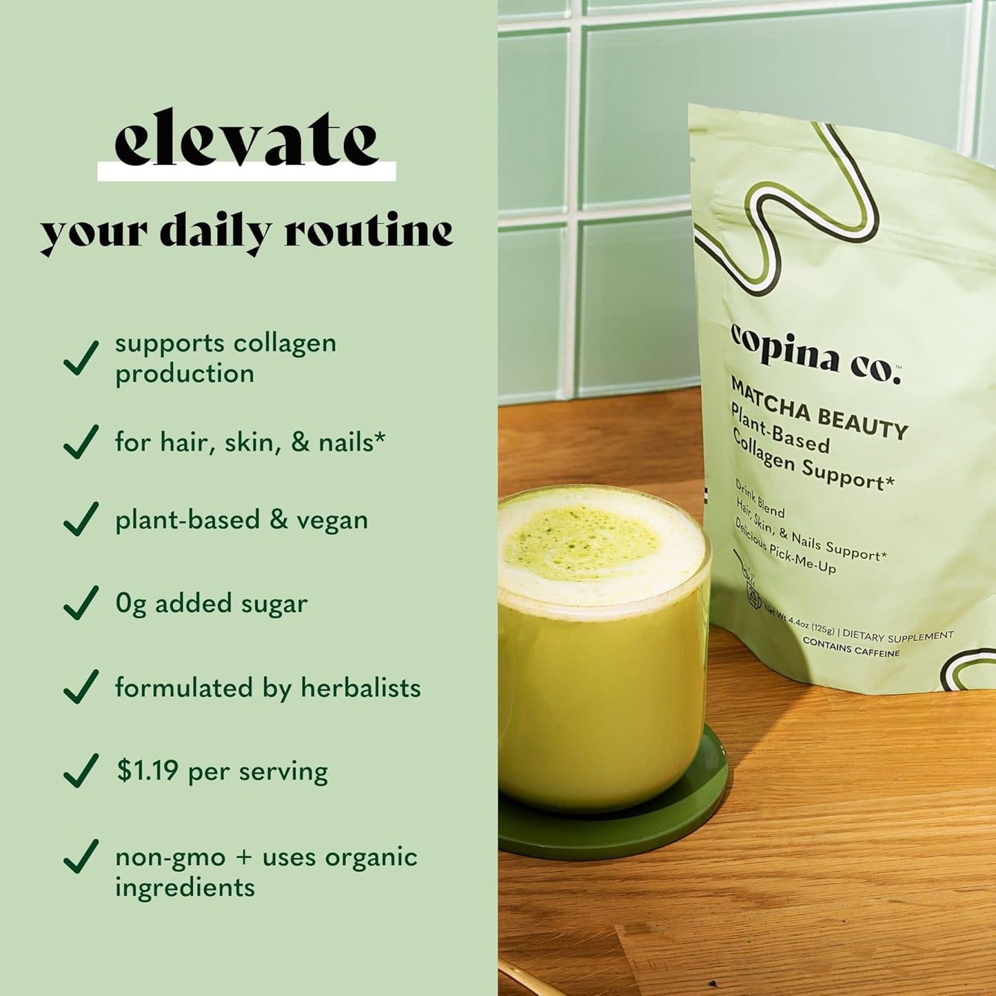Plant-Based Matcha Beauty Vegan Collagen Booster Drink Blend by Copina Co - Creamy Smoothie with Matcha Flavor | 3 Bags, 25 Servings Each